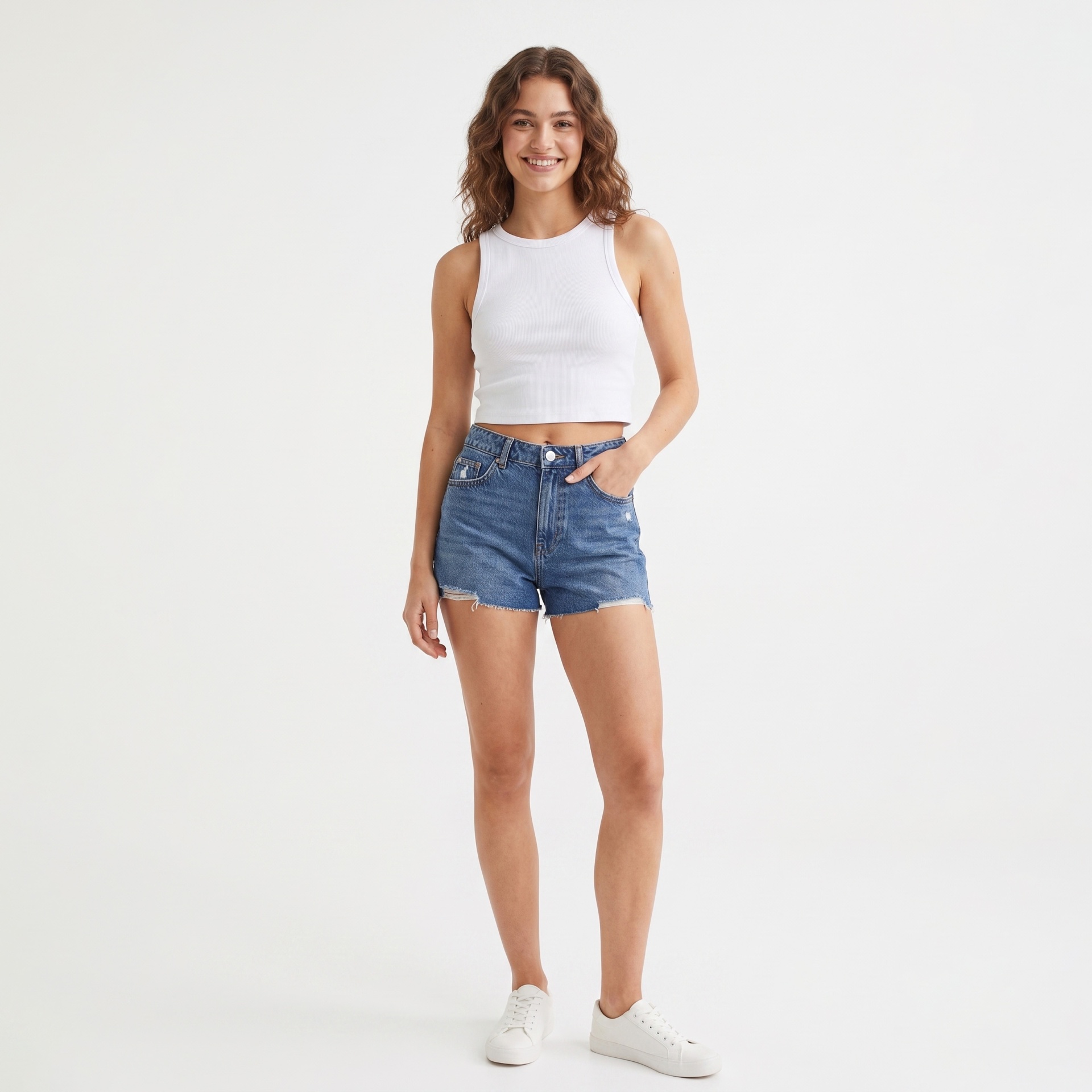 Mulher com roupa casual em fundo branco.