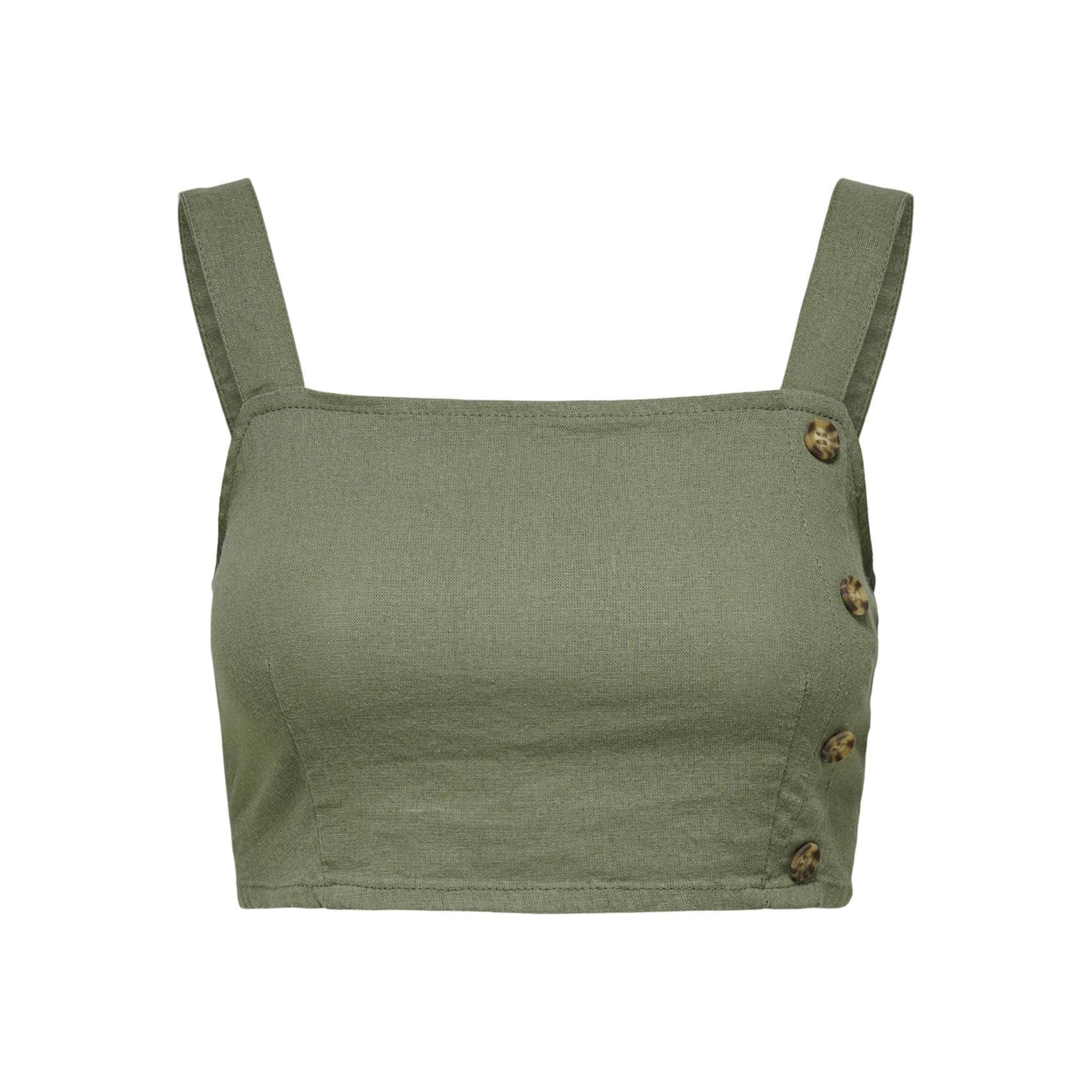 Top cropped feminino verde-oliva com botões de madeira na lateral