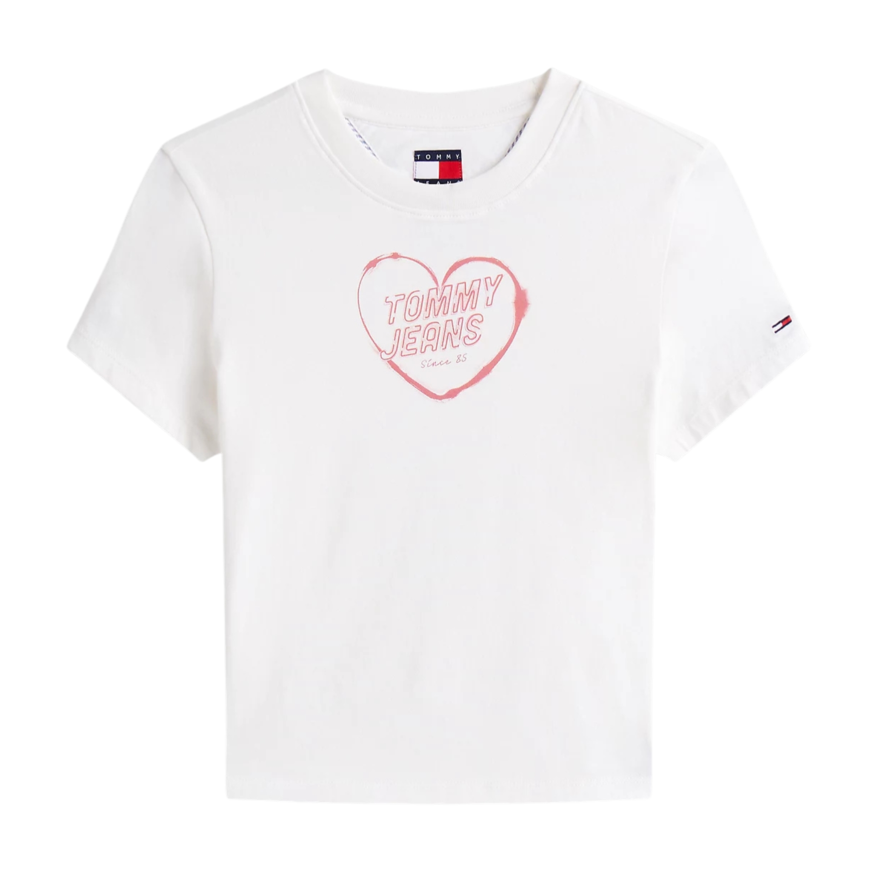T-shirt branca com coração cor de rosa e texto TOMMY JEANS Since 85