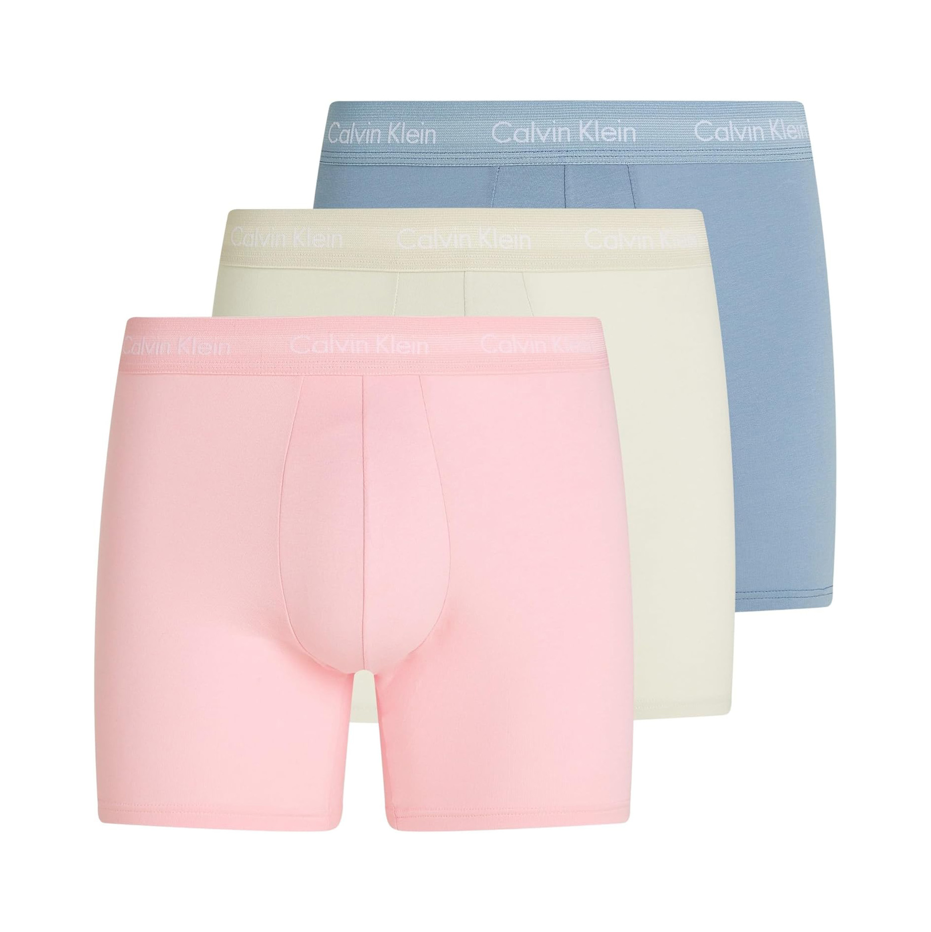 Três boxers masculinos em algodão rosa, bege e azul com cintura elástica Calvin Klein
