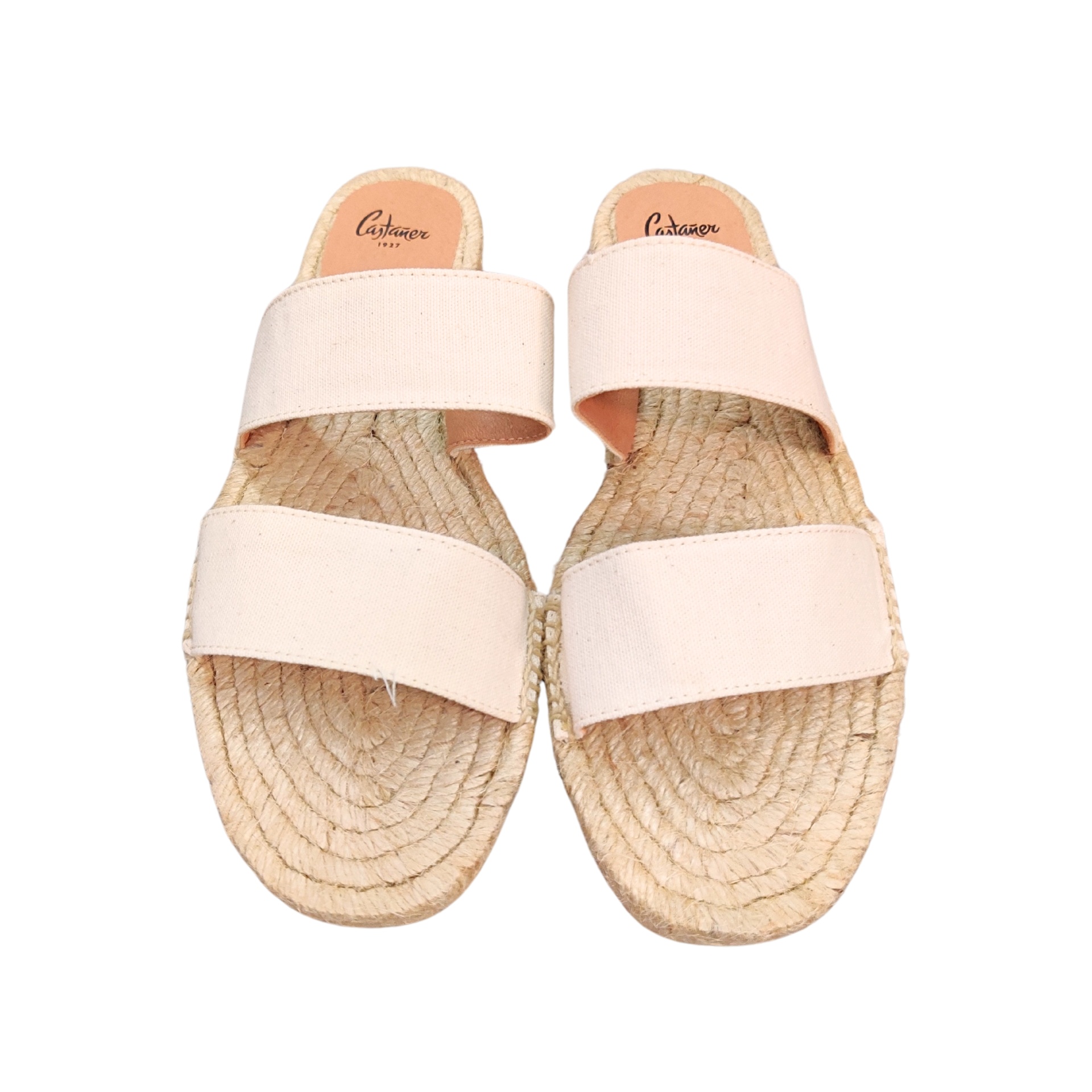 Sandálias femininas rosa claro com sola de corda trançada