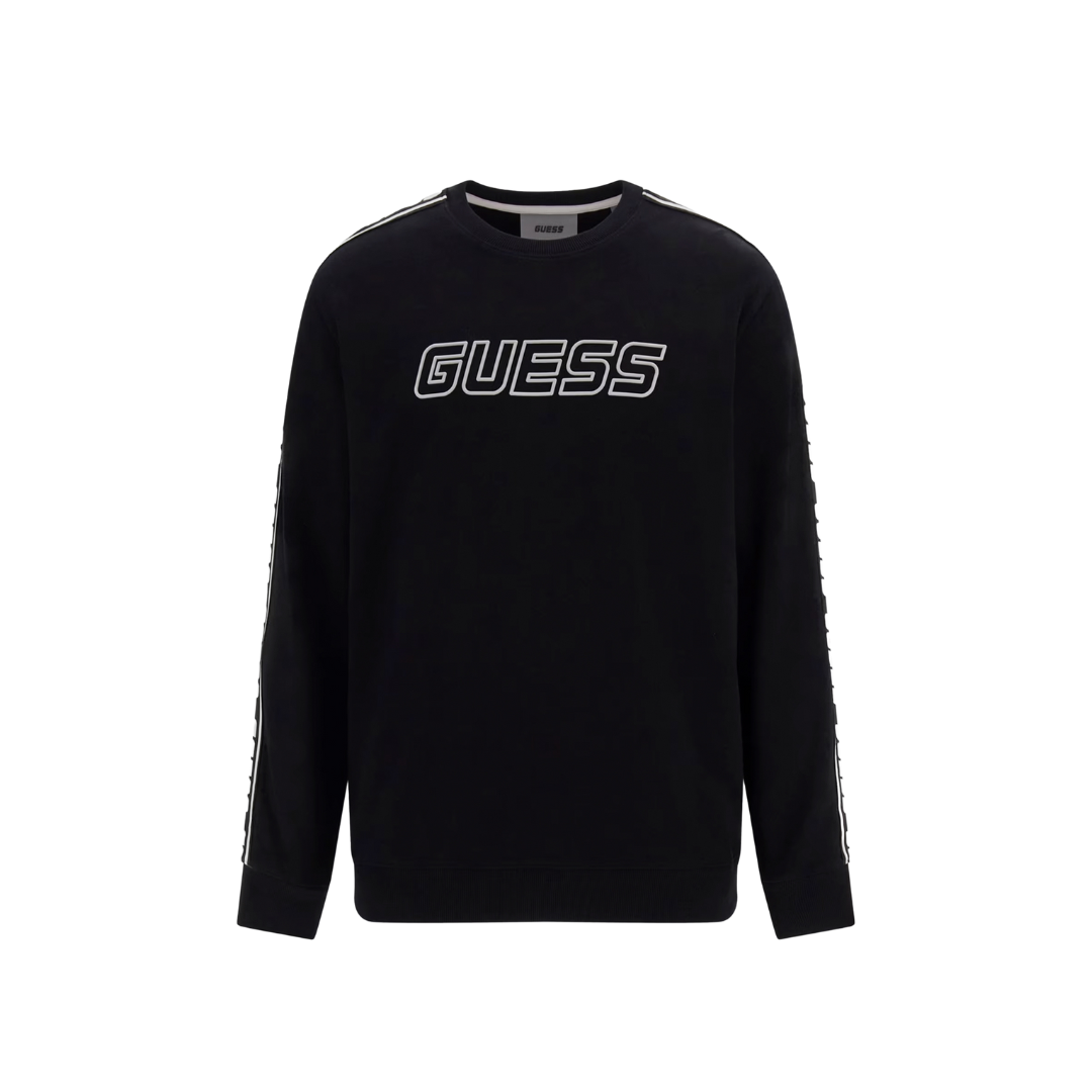 Sweatshirt preta GUESS com logótipo branco e riscas nas mangas
