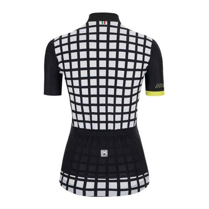 Camisola de ciclismo quadriculada preta e branca de manga curta vista de trás