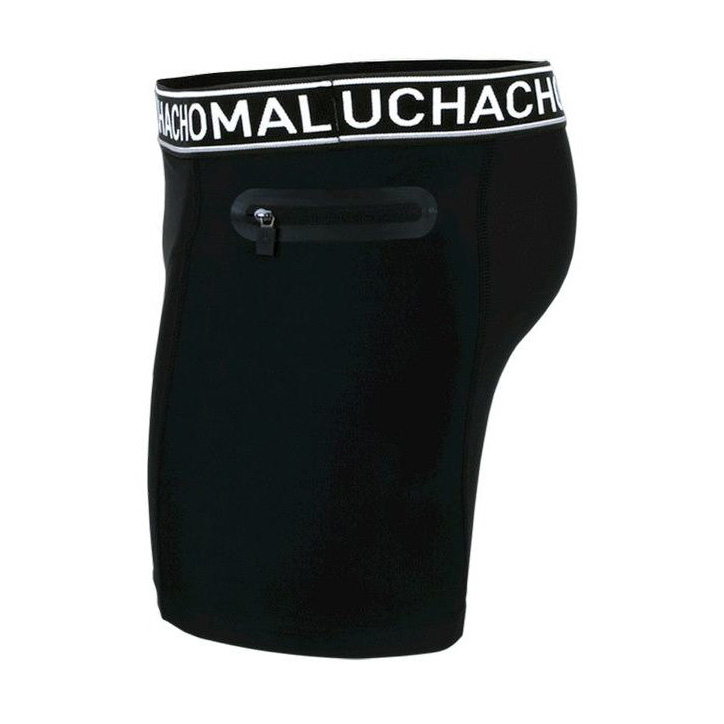 Calções pretos com elástico preto e texto branco MALUCHACHO, bolso com fecho na lateral
