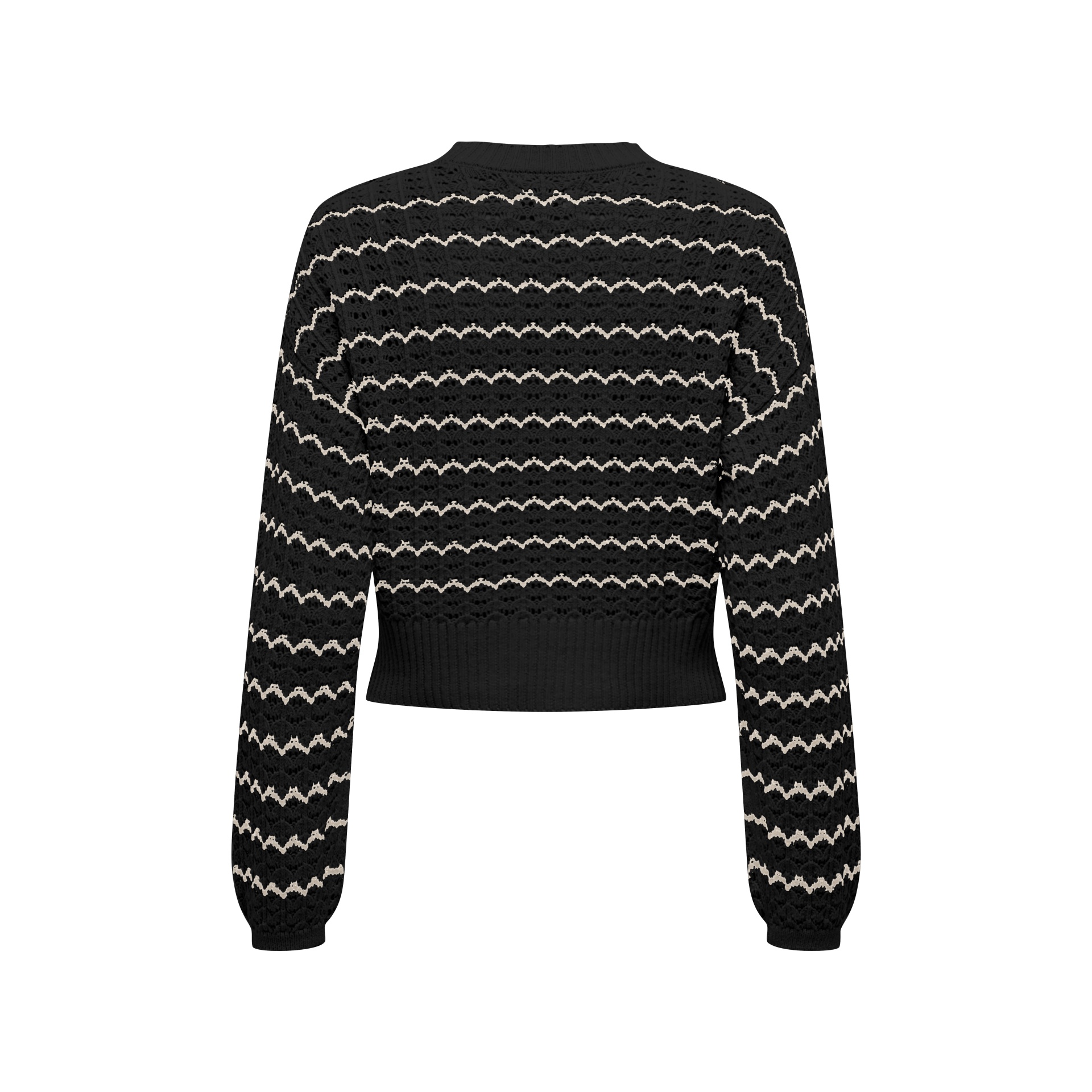 Camisola de malha preta com padrão de riscas onduladas brancas
