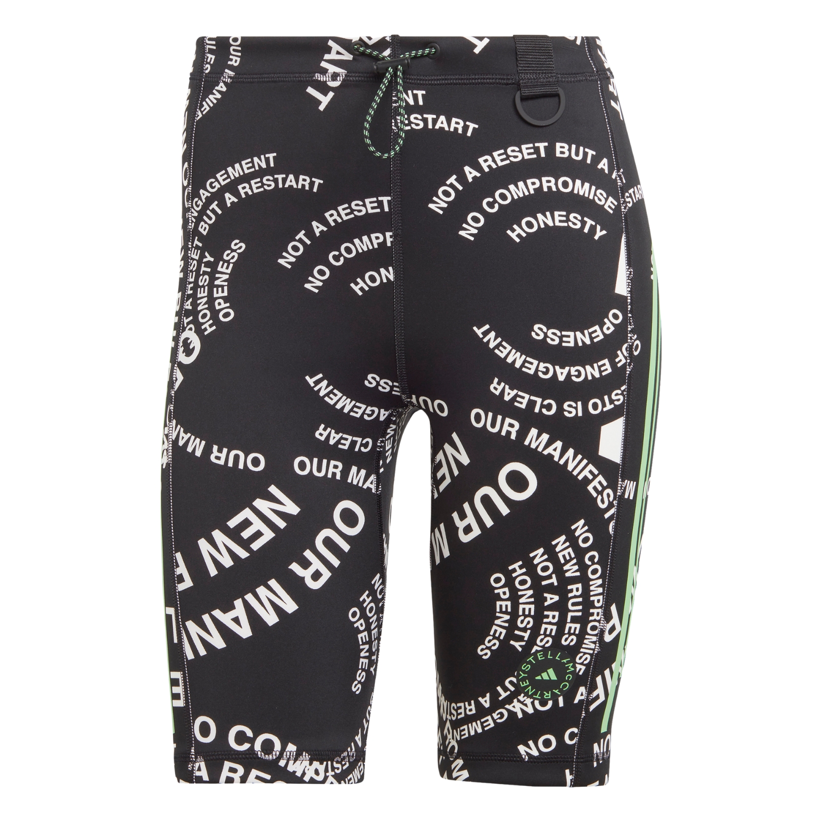 Calções desportivos pretos com texto branco e detalhes verdes