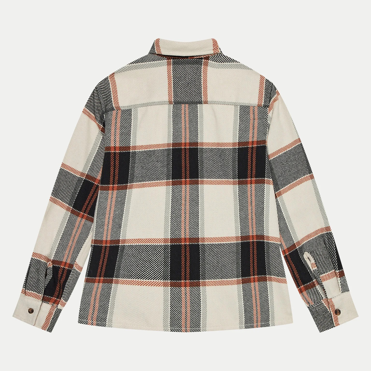 Camisa xadrez creme preta cinza laranja vista de costas