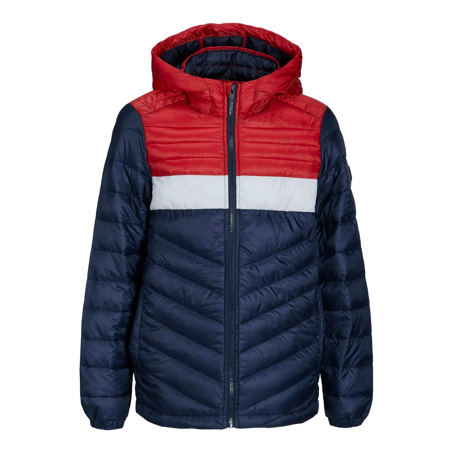 Casaco acolchoado vermelho, branco e azul escuro com capuz e fecho de correr