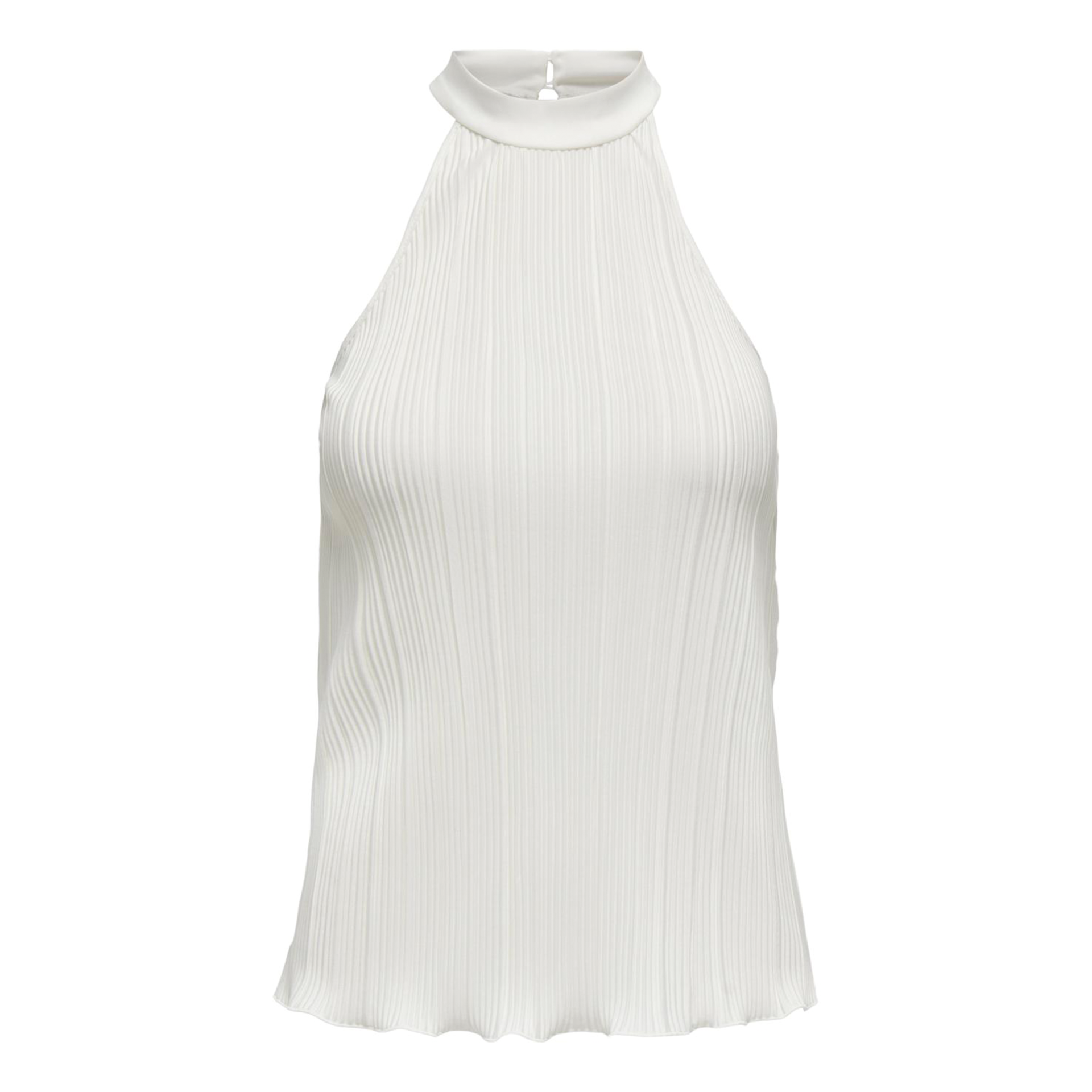 Top feminino branco com gola alta e textura plissada