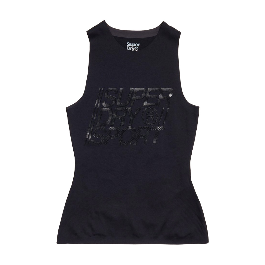 Regata preta Super Dry com logotipo e texto brilhante