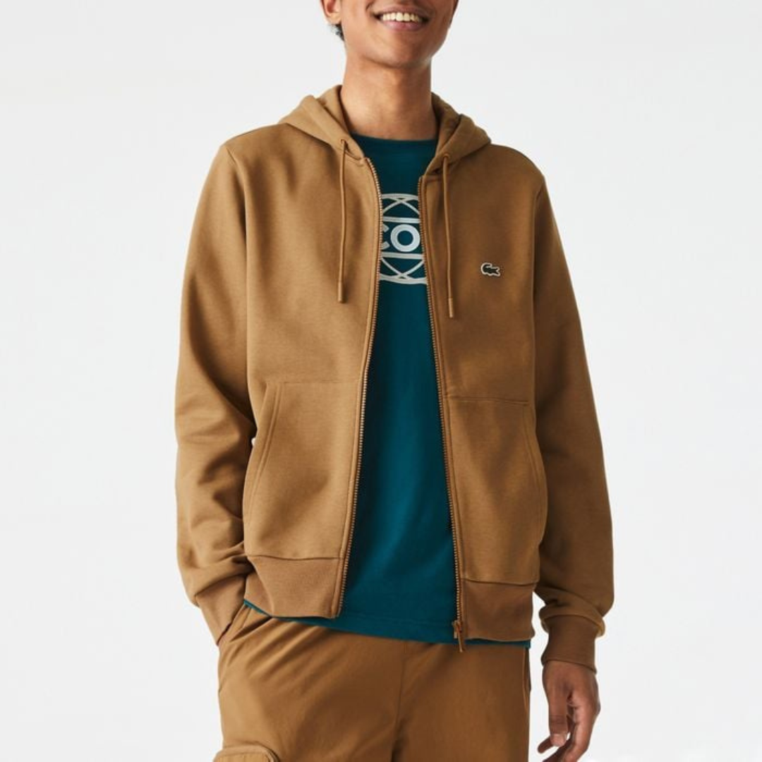 Casaco com capuz castanho com fecho zip e logo Lacoste