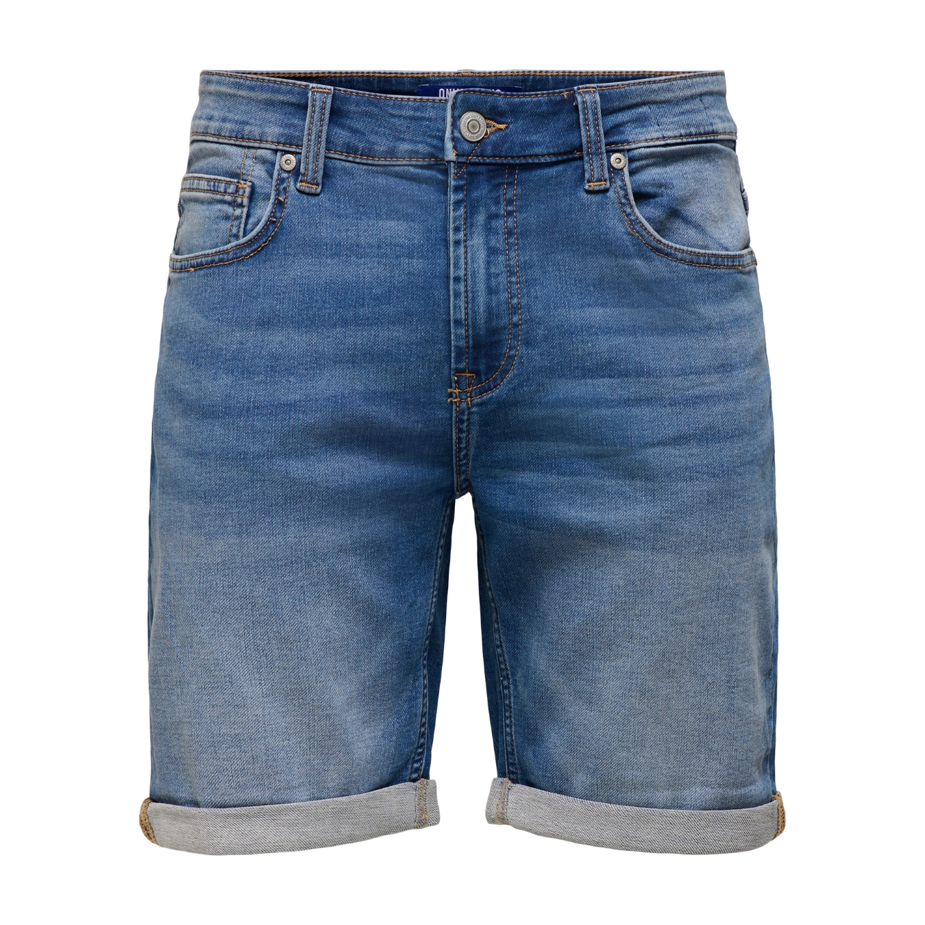 Bermudas de ganga azul com bainha dobrada e botão metálico