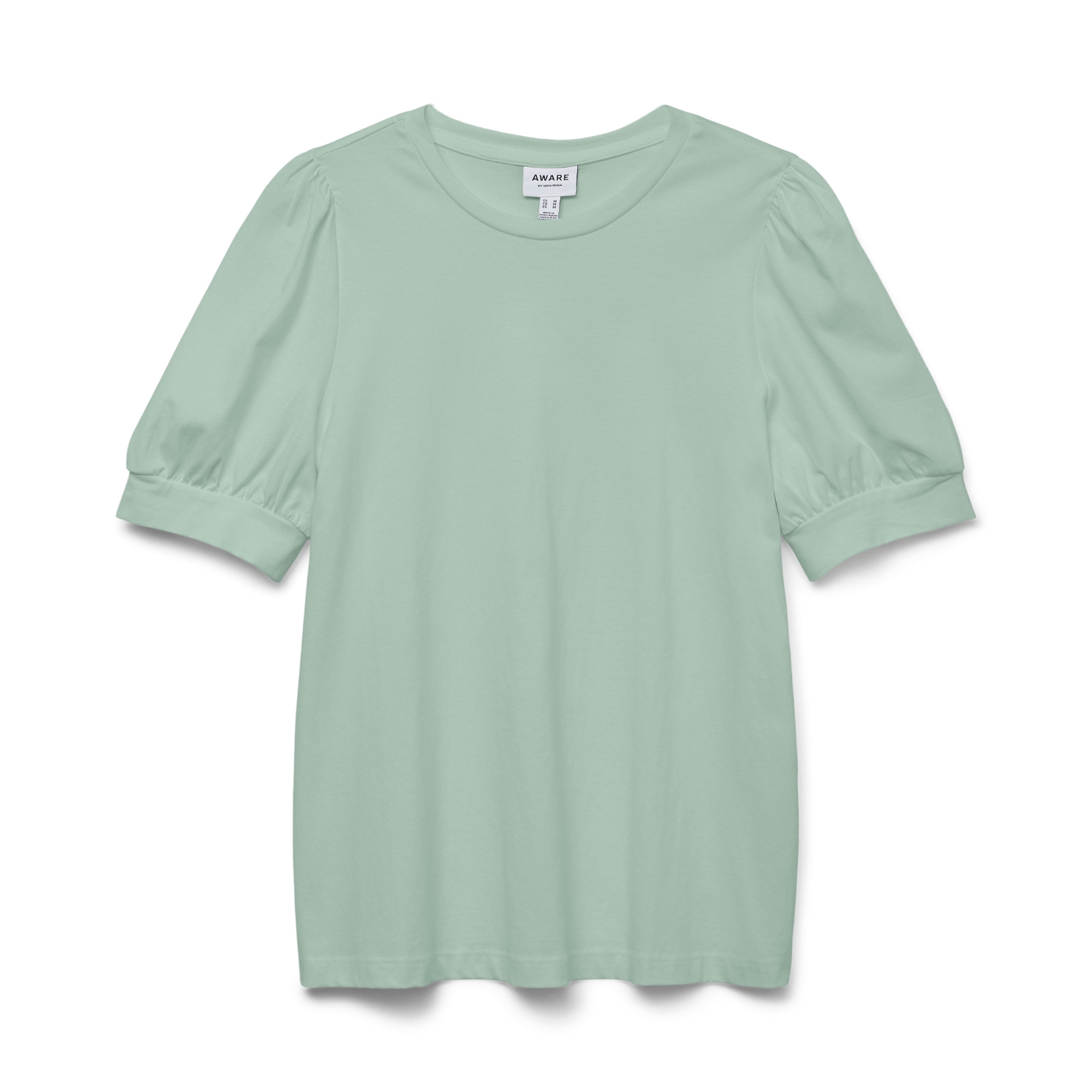 T-shirt feminina verde água com mangas franzidas e gola redonda