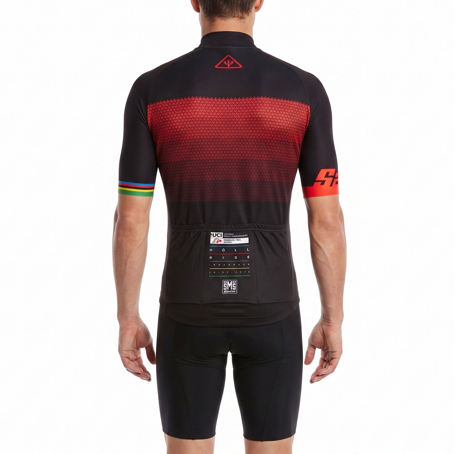 Camisola ciclismo preta e vermelha mostrada das costas