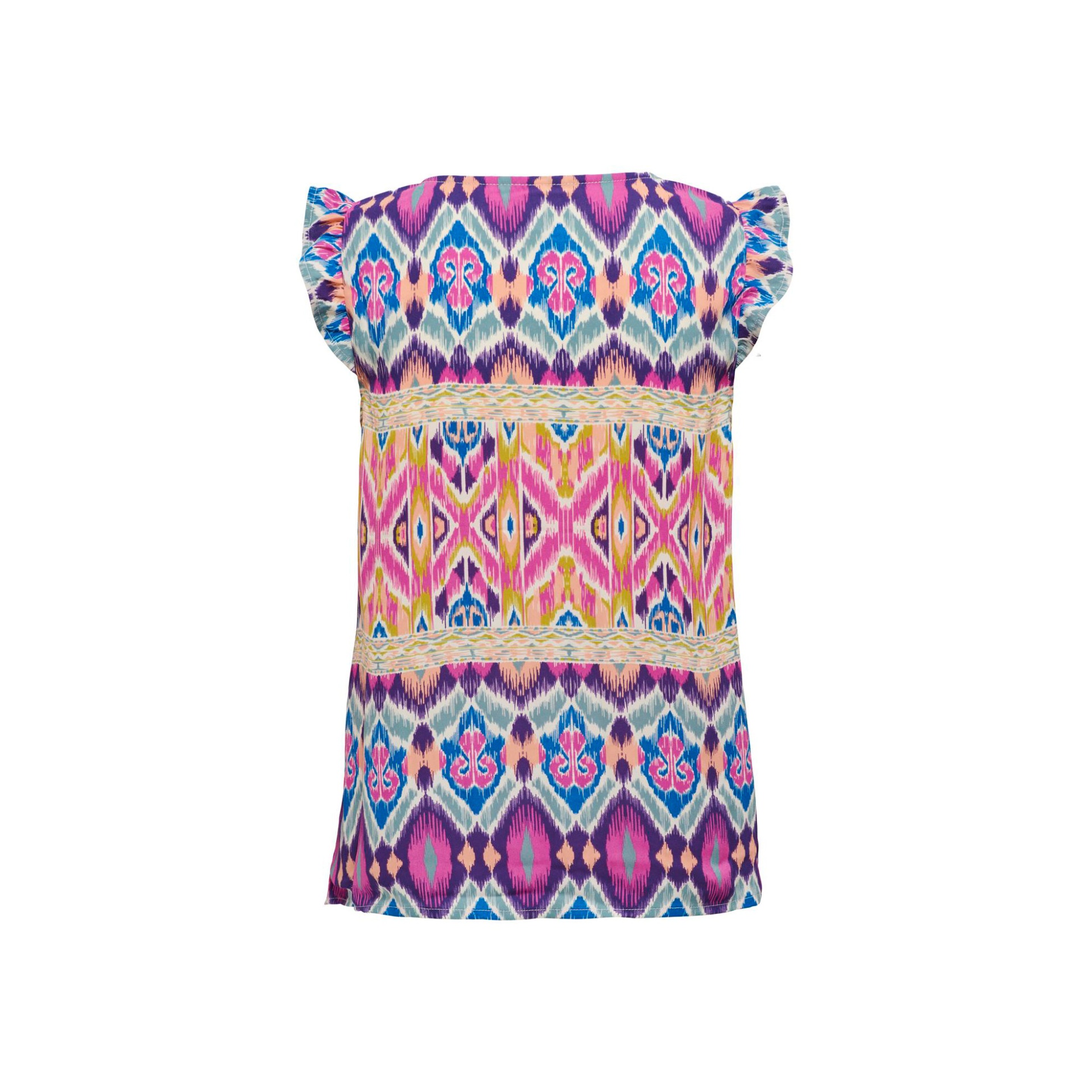 Vestido colorido de criança com padrão geométrico e folhos nas mangas.