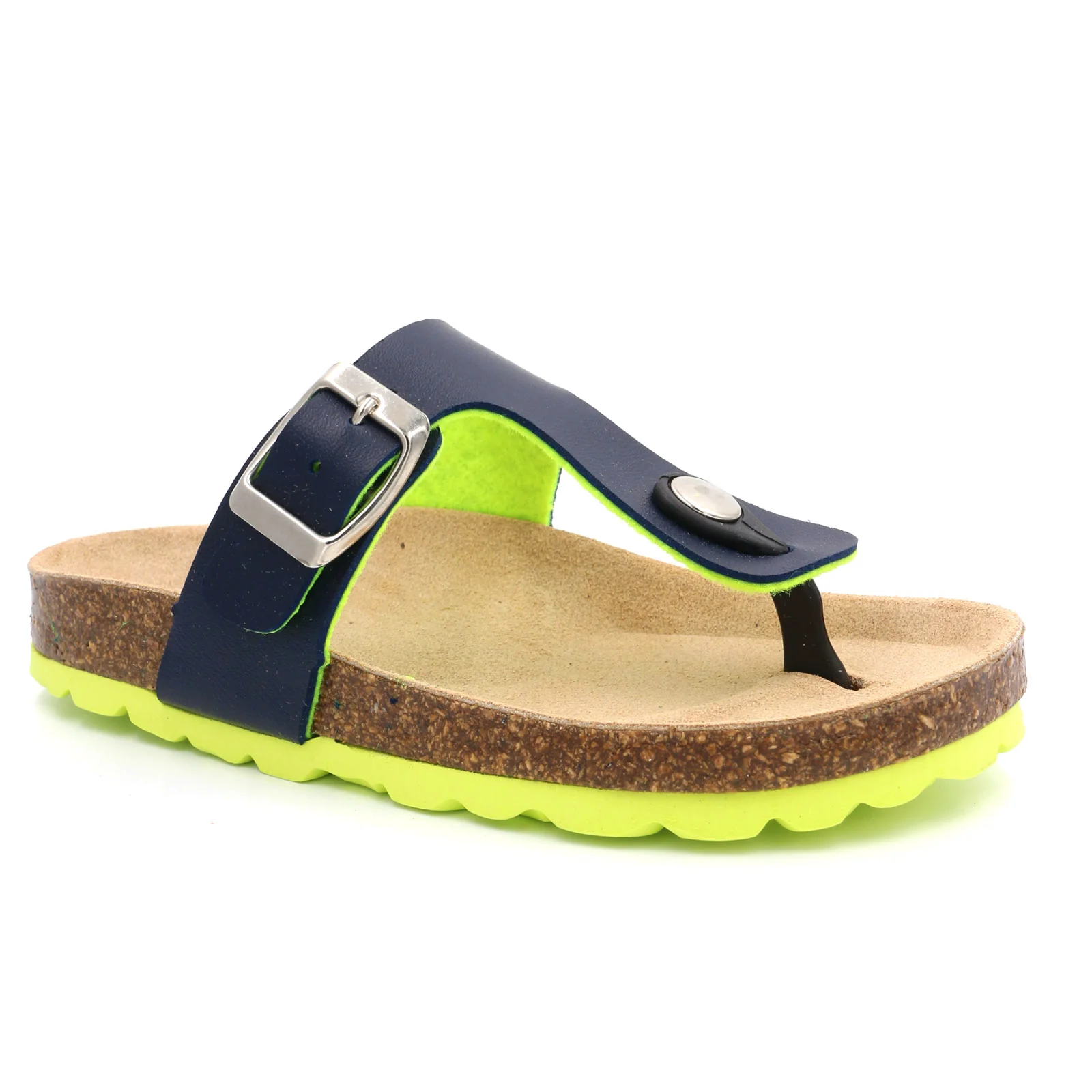 Sandália de dedo azul e verde-neon com sola de cortiça e borracha amarela