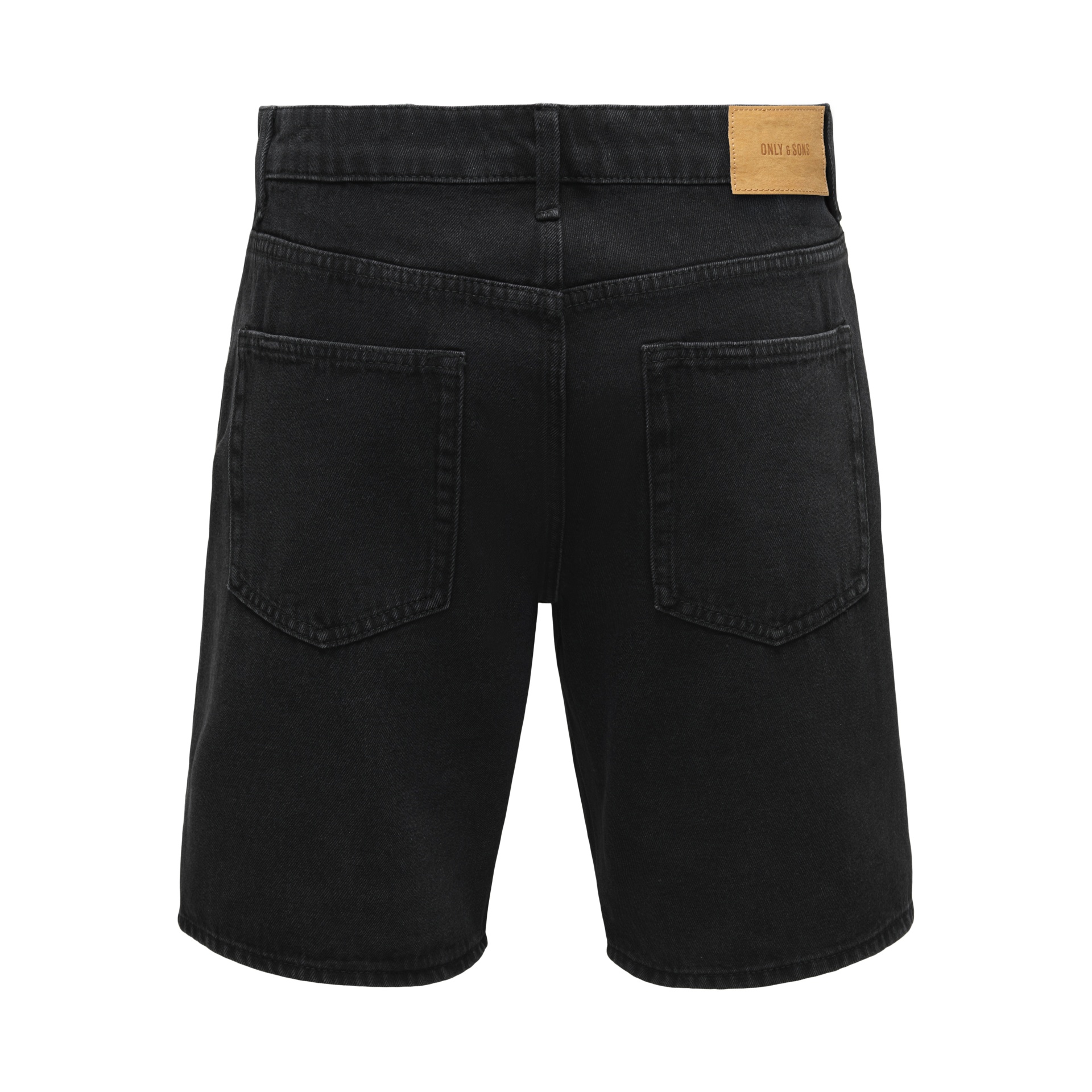 Calções pretos tipo ganga com bolsos traseiros e etiqueta ONLY & SONS