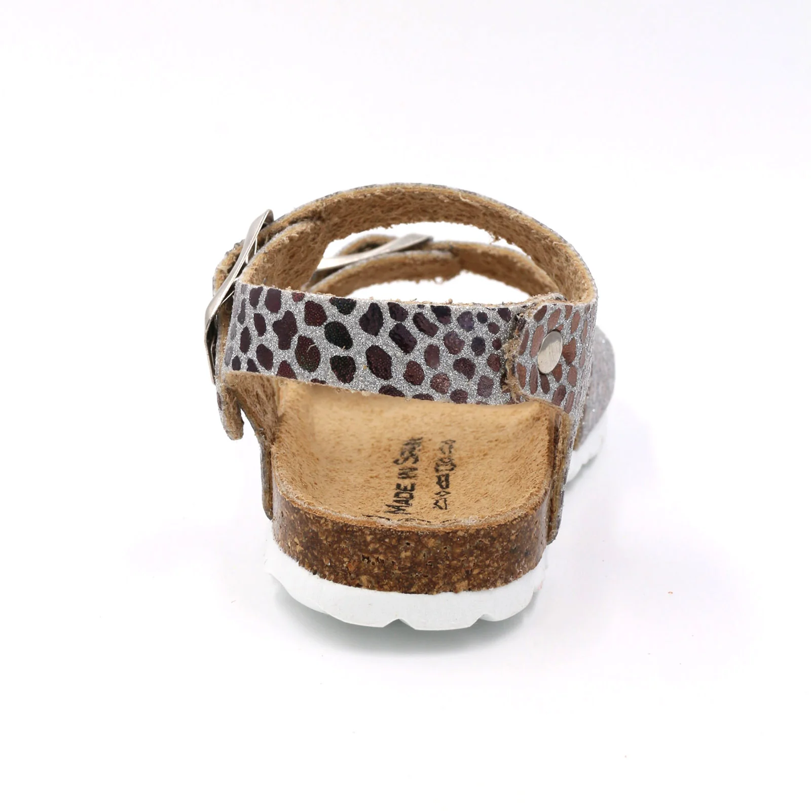 Sandália infantil com padrão animal print e sola branca com base de cortiça