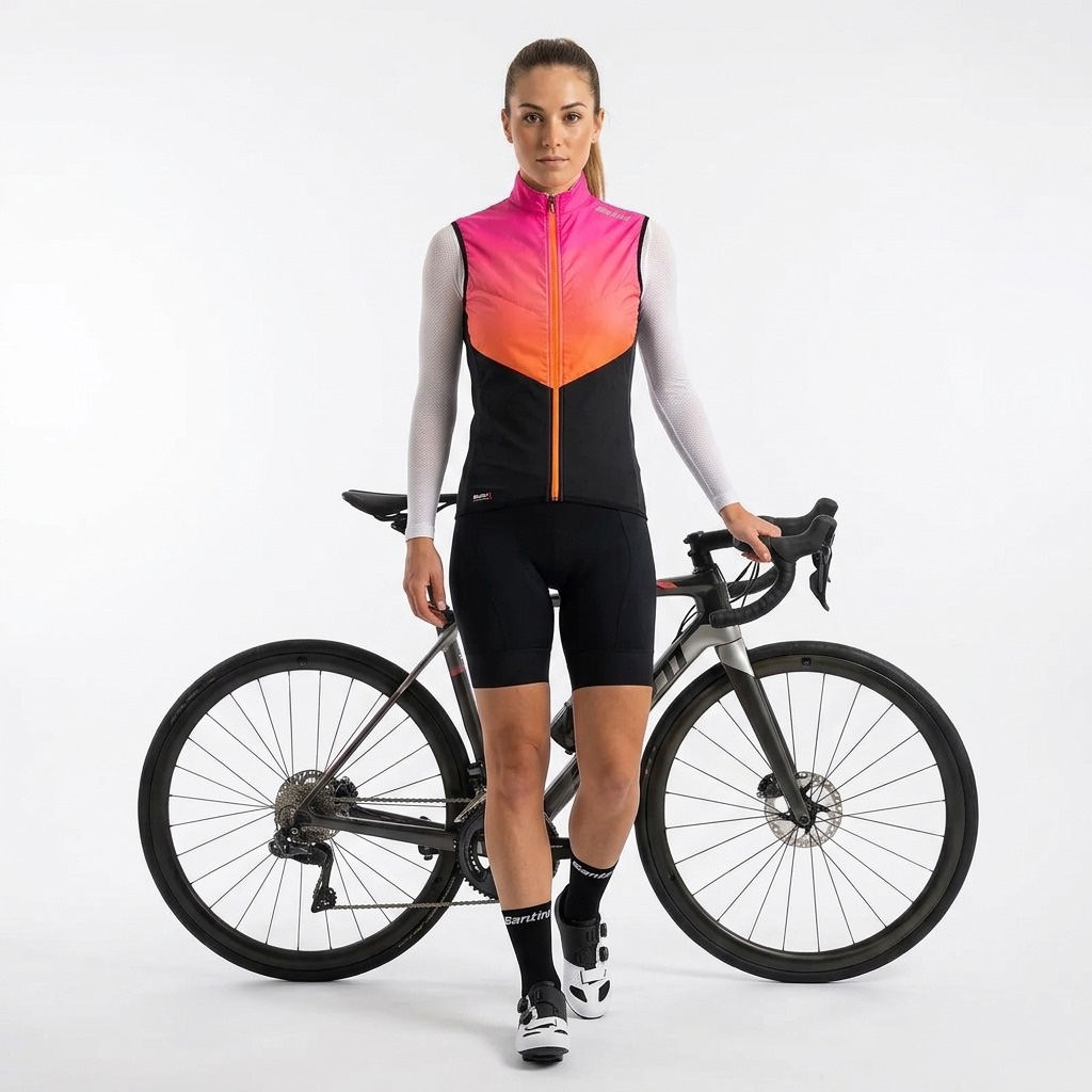 Mulher vestindo roupa de ciclismo ao lado de bicicleta de estrada cinzenta.