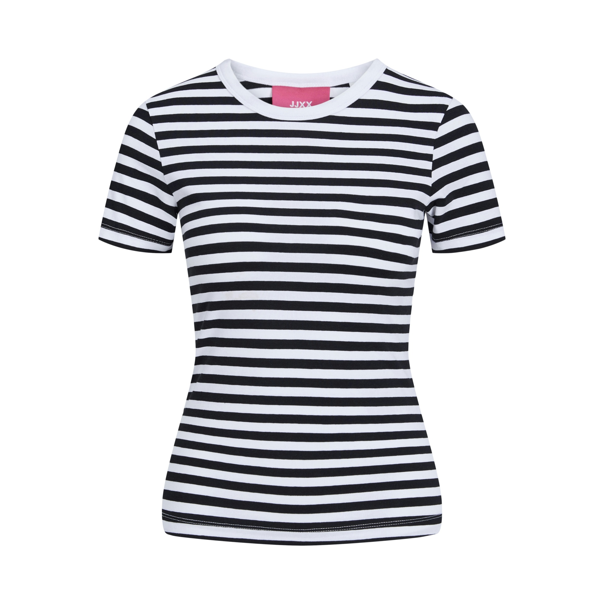 T-shirt riscas pretas e brancas com gola redonda