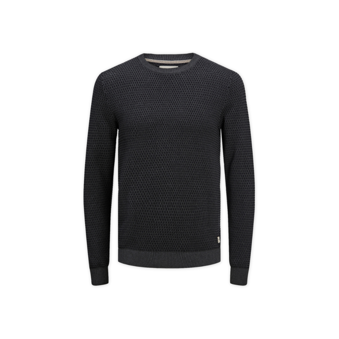 Camisola preta de malha com padrão tricot e decote redondo