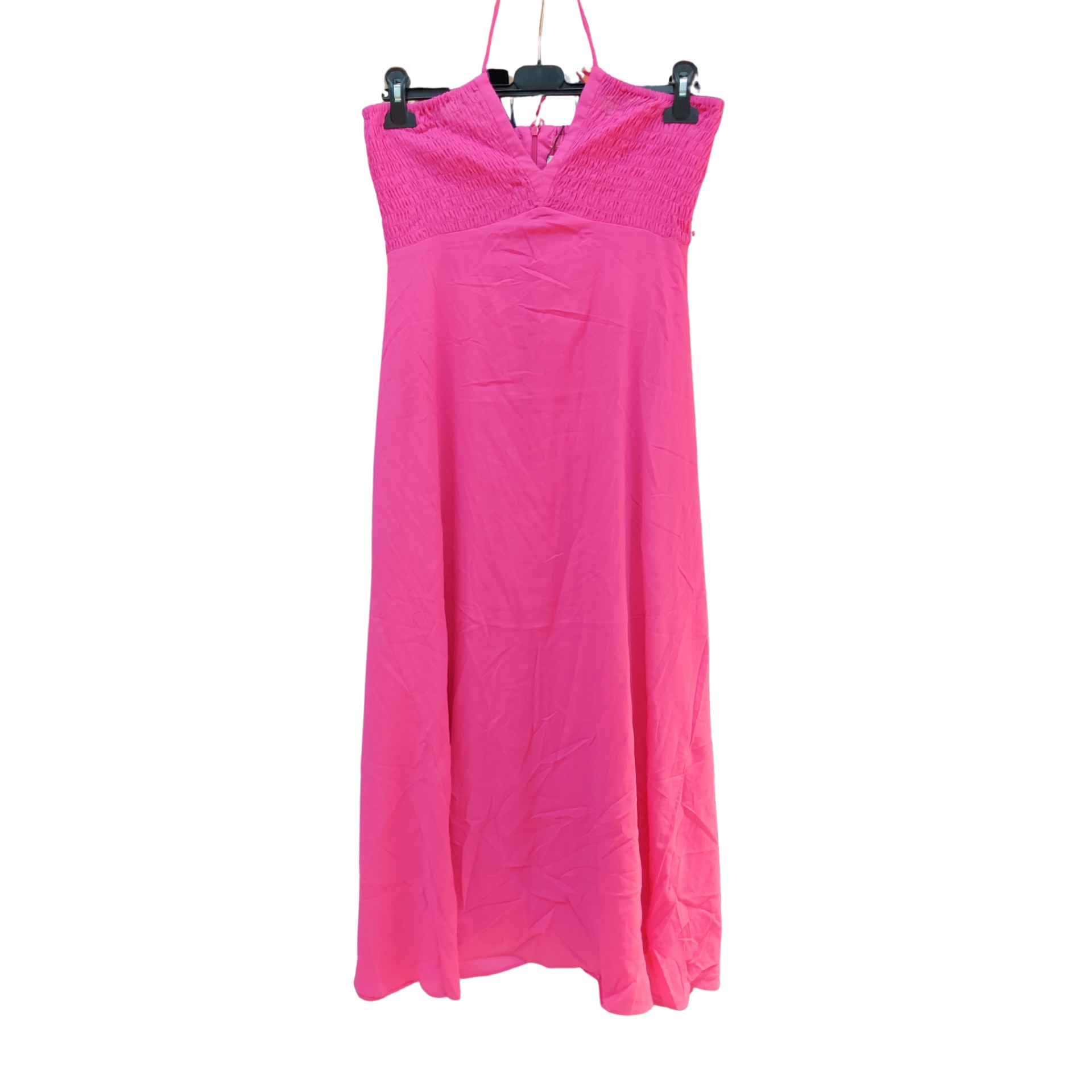 Vestido comprido cor-de-rosa com parte superior em malha texturada e alças finas