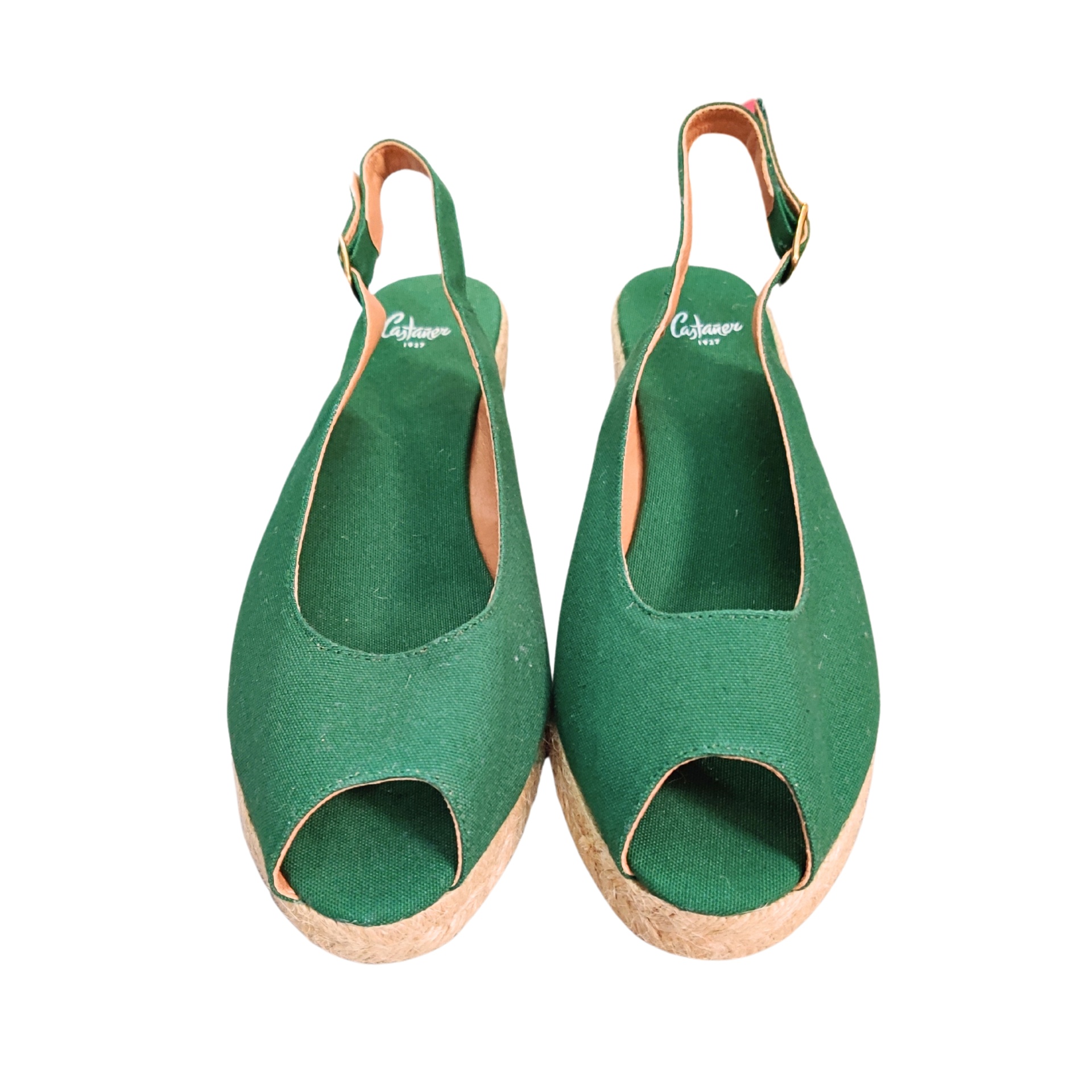 Sandálias verdes de tecido com salto de cortiça e abertura frontal