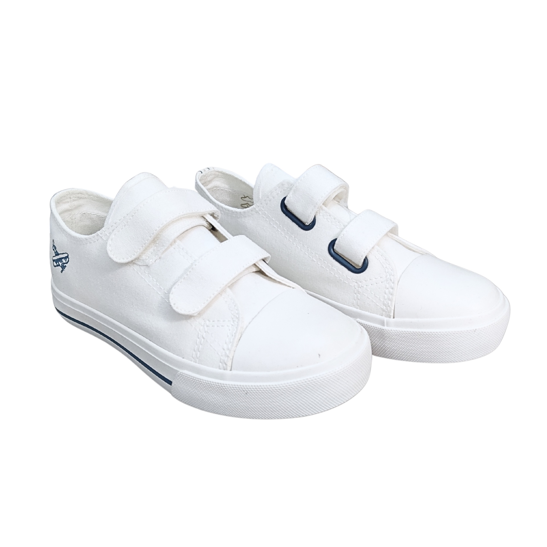 Sapatilhas brancas com velcro e risca azul na sola