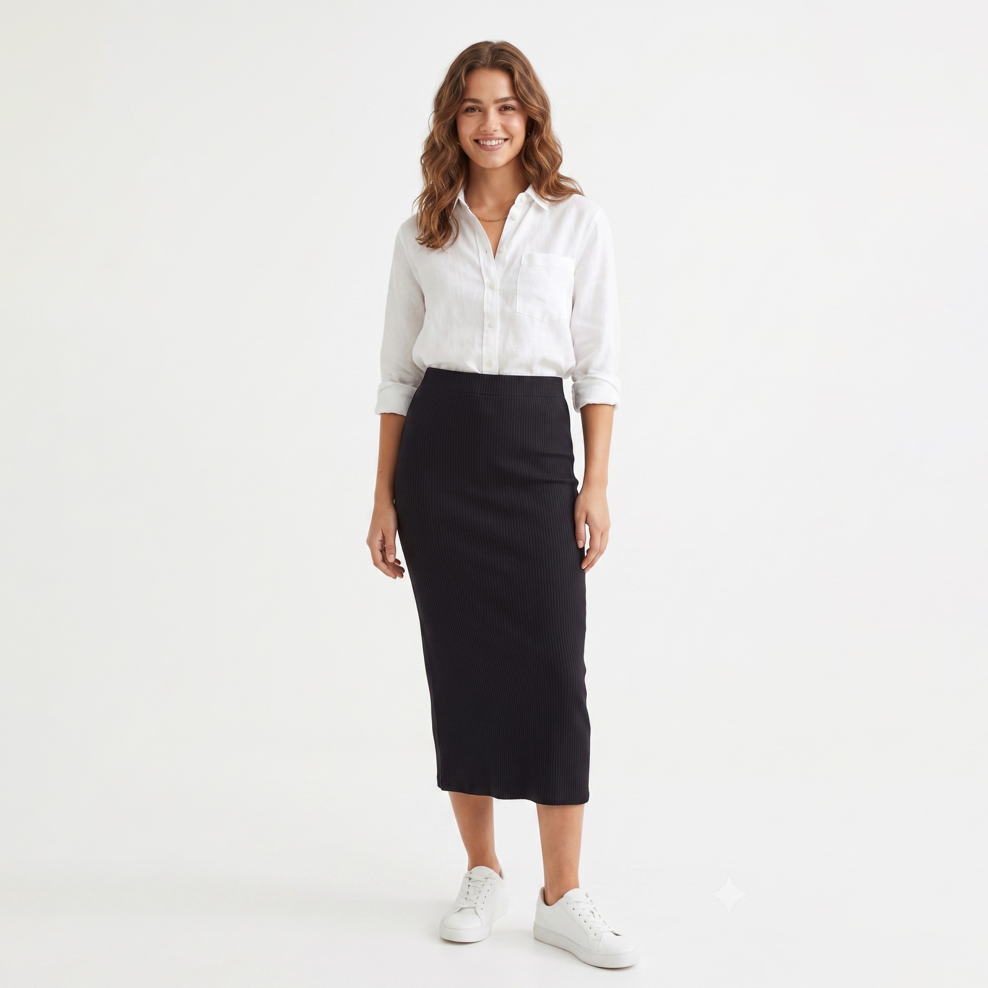 Mulher com camisa branca e saia preta lápis com ténis brancos