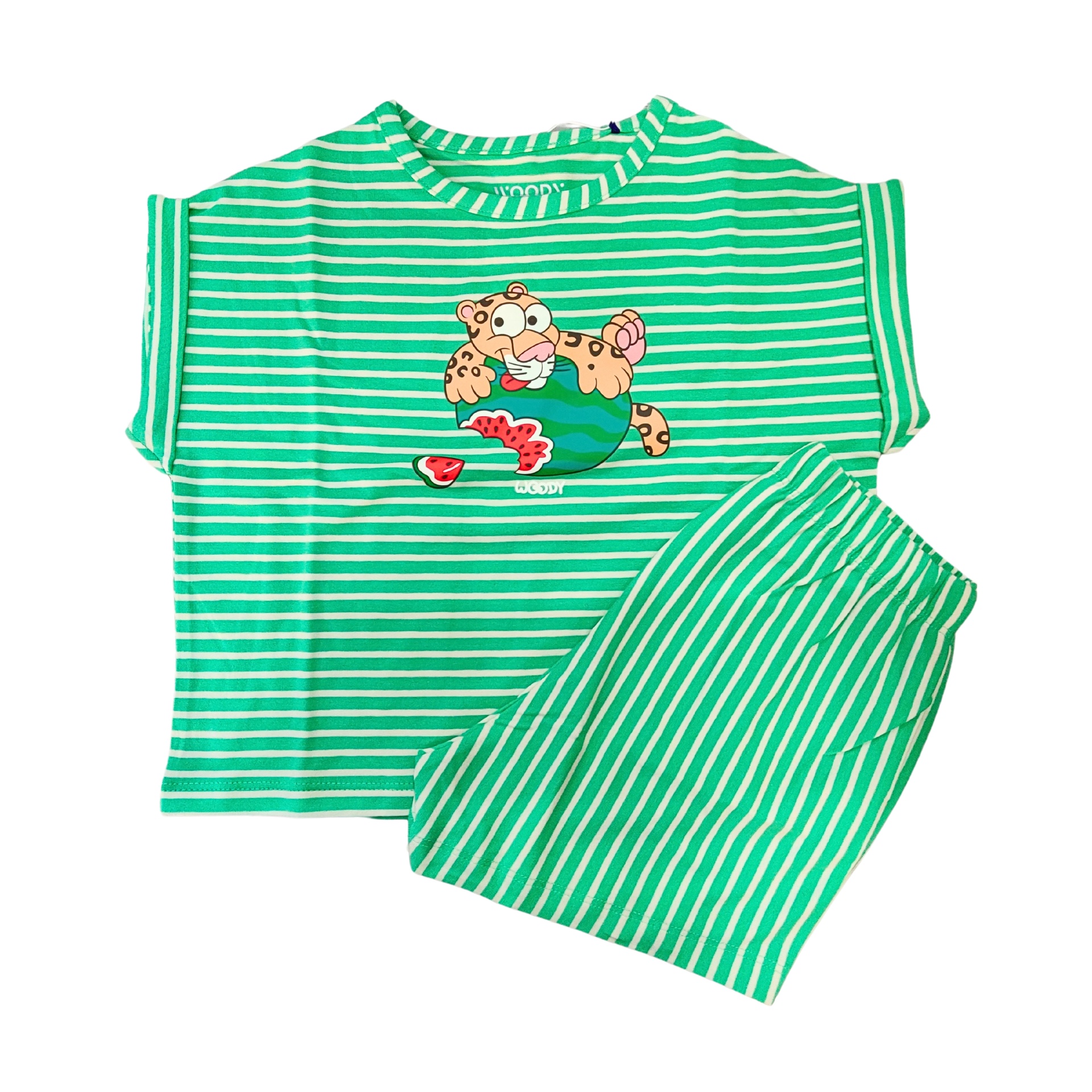 Conjunto de roupa infantil verde com riscas brancas e estampa de pantera rosa