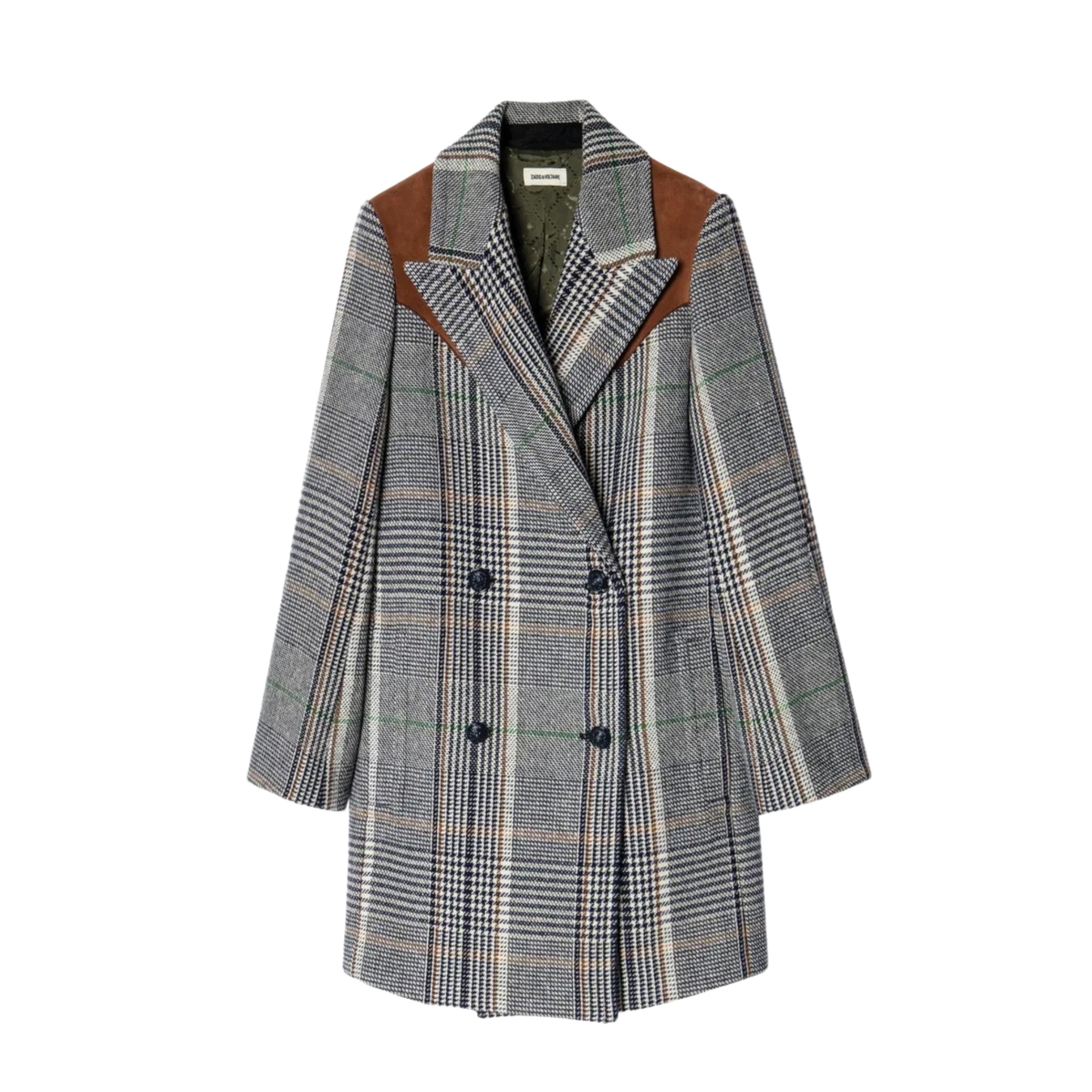 Casaco comprido xadrez cinzento com detalhes castanhos nos ombros e botões pretos