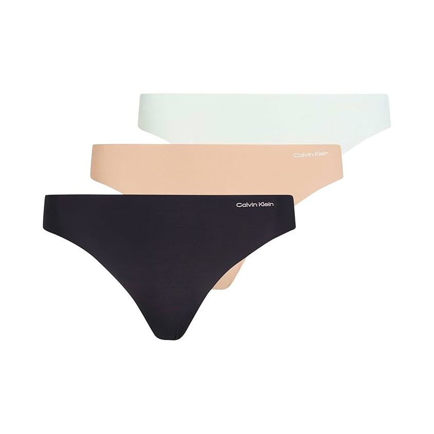Três cuecas tipo tanga preto, bege e branco com logótipo Calvin Klein