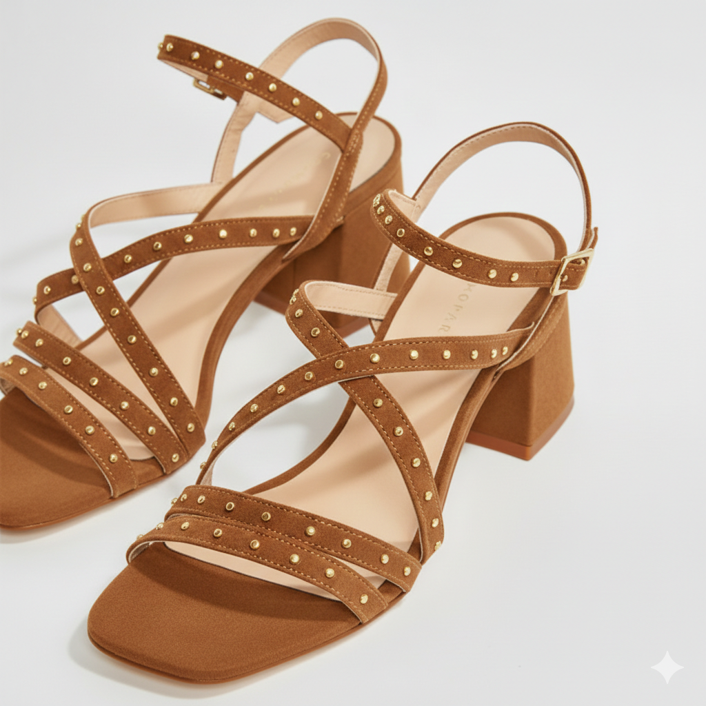 Sandálias de salto médio castanho com tiras com rebites dourados