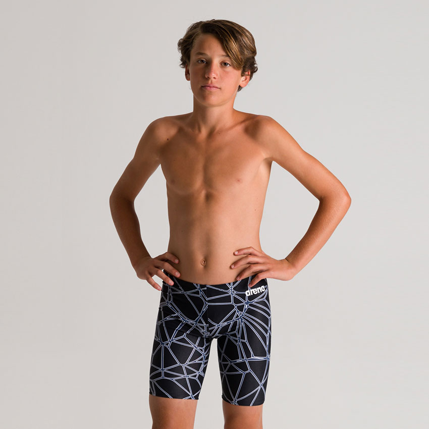 Calções de banho pretos com padrão geométrico cinzento e logo ARENA