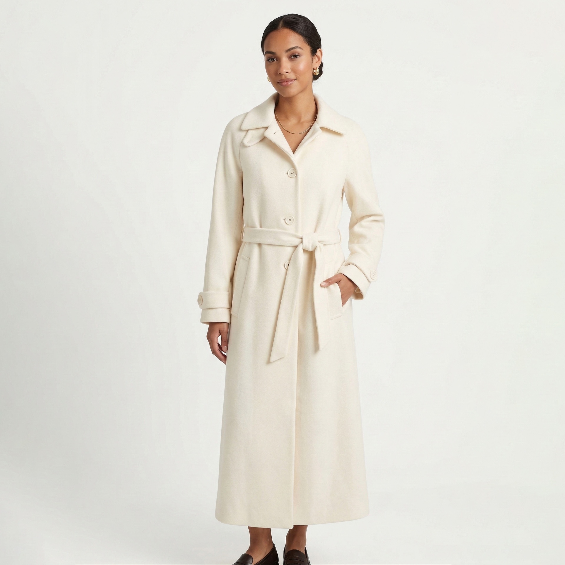 Casaco comprido branco creme com cinto e botões frontal