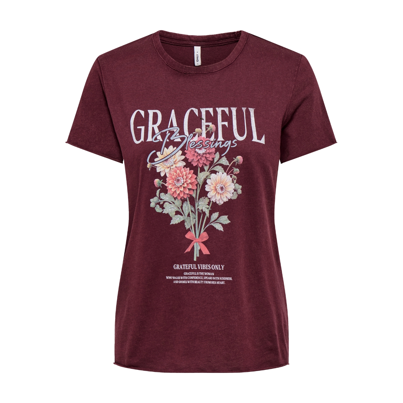 T-shirt borgonha com flores e texto estampado da frente