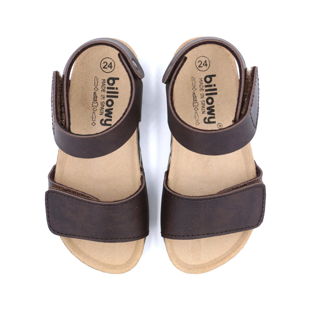 Sandálias castanhas de pele com tiras largas e velcro, tamanho 24, marca billowy