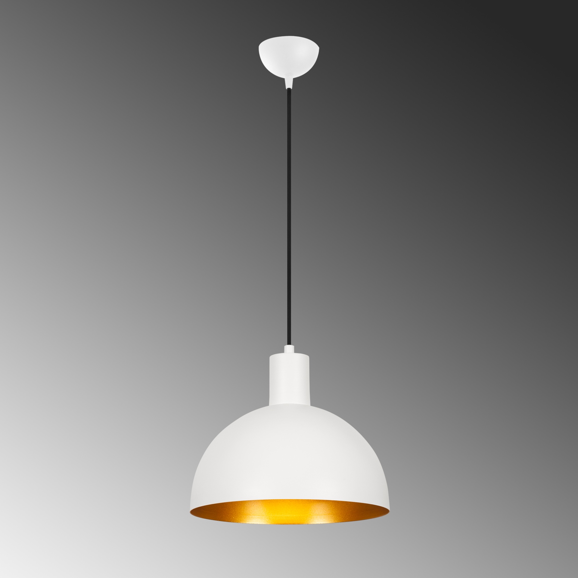 Candeeiro suspenso branco com interior dourado e cabo preto