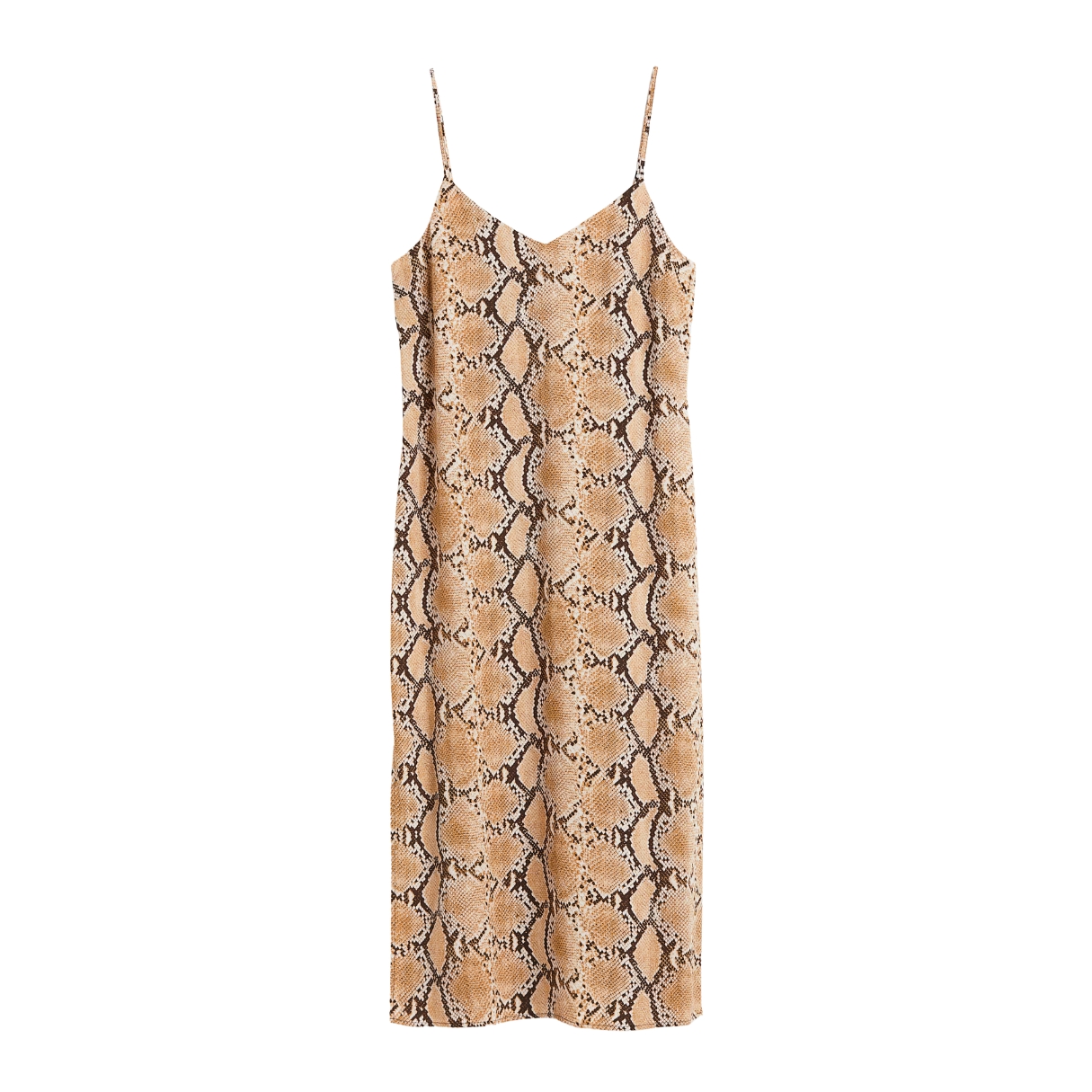 Vestido comprido com padrão pele de cobra e alças finas