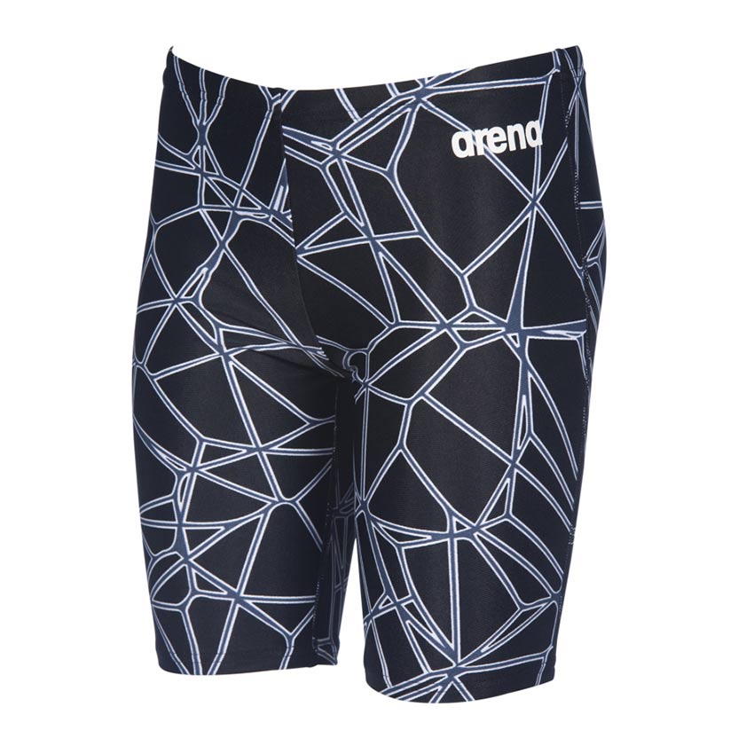 Calções de banho pretos com padrão geométrico branco e logo arena