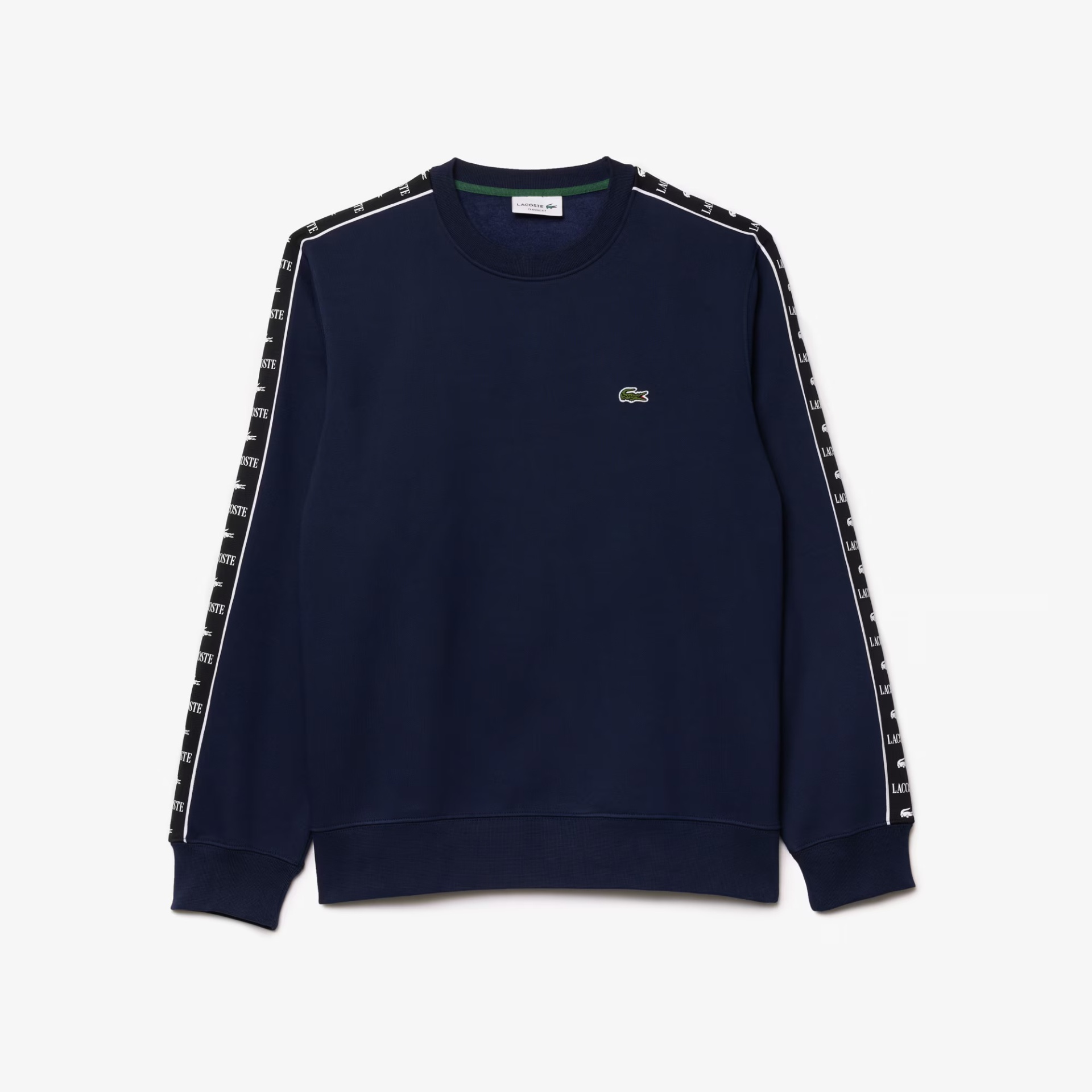 Camisola azul escura com faixa nas mangas e logótipo Lacoste no peito