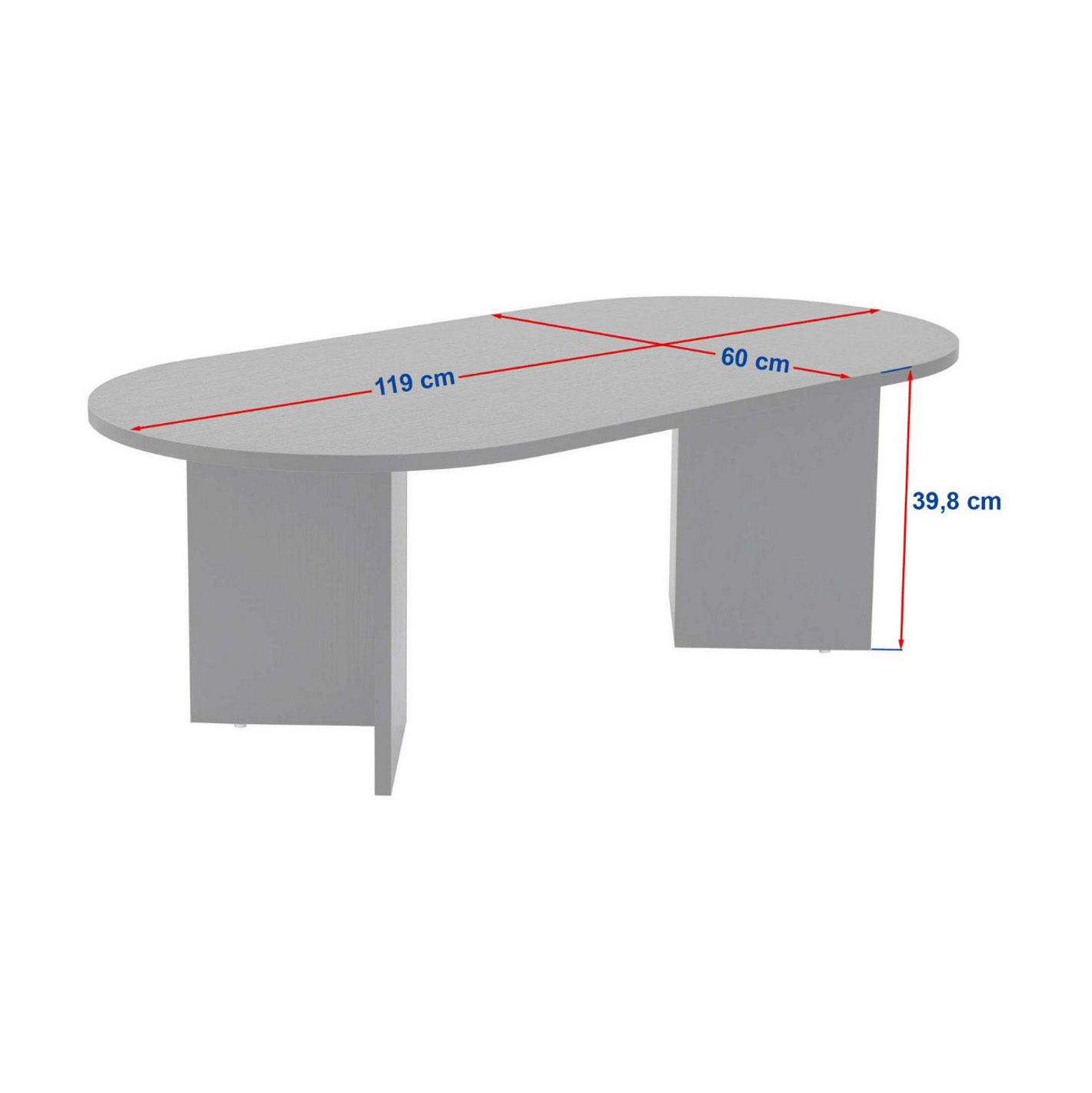 Mesa cinzenta com tampo oval e pernas retas, com medidas em centímetros