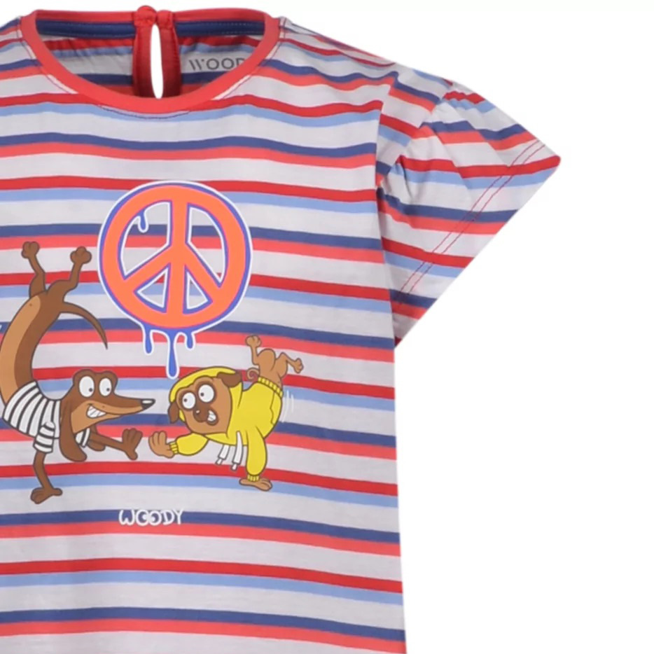 Camisola riscas com símbolo da paz e personagens animados