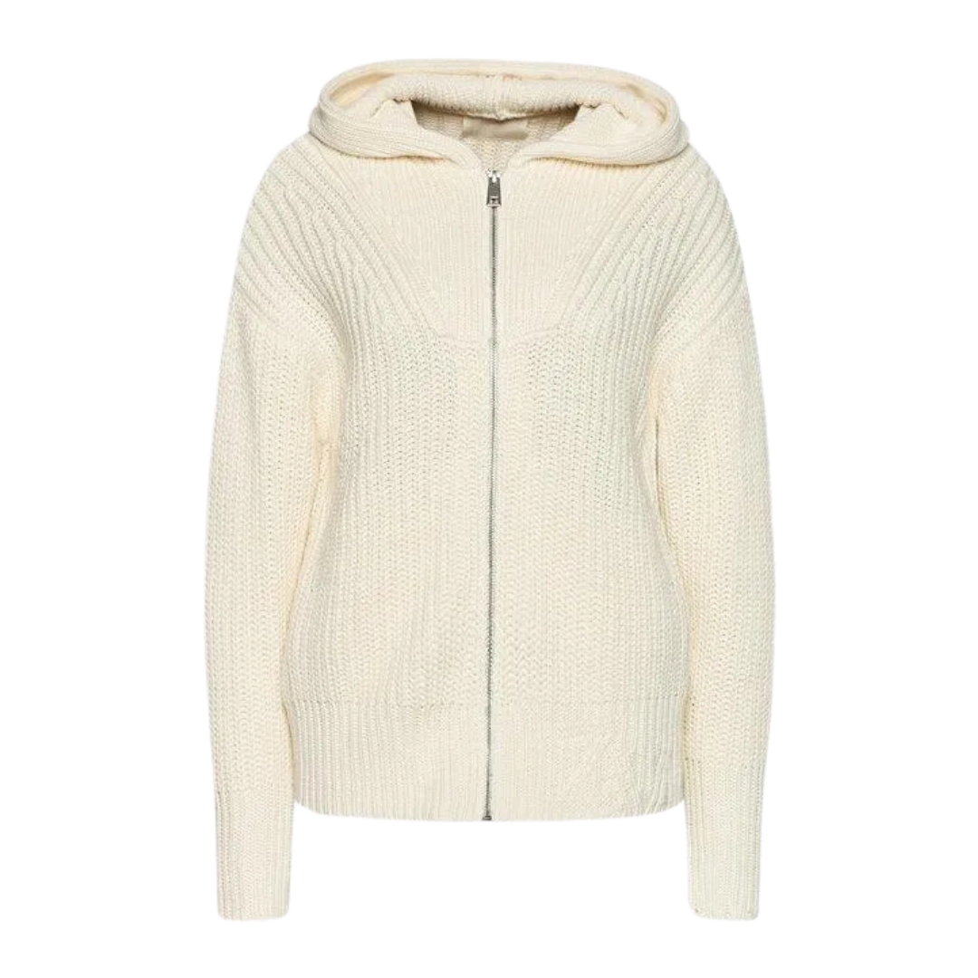 Casaco de malha creme com capuz e fecho de correr