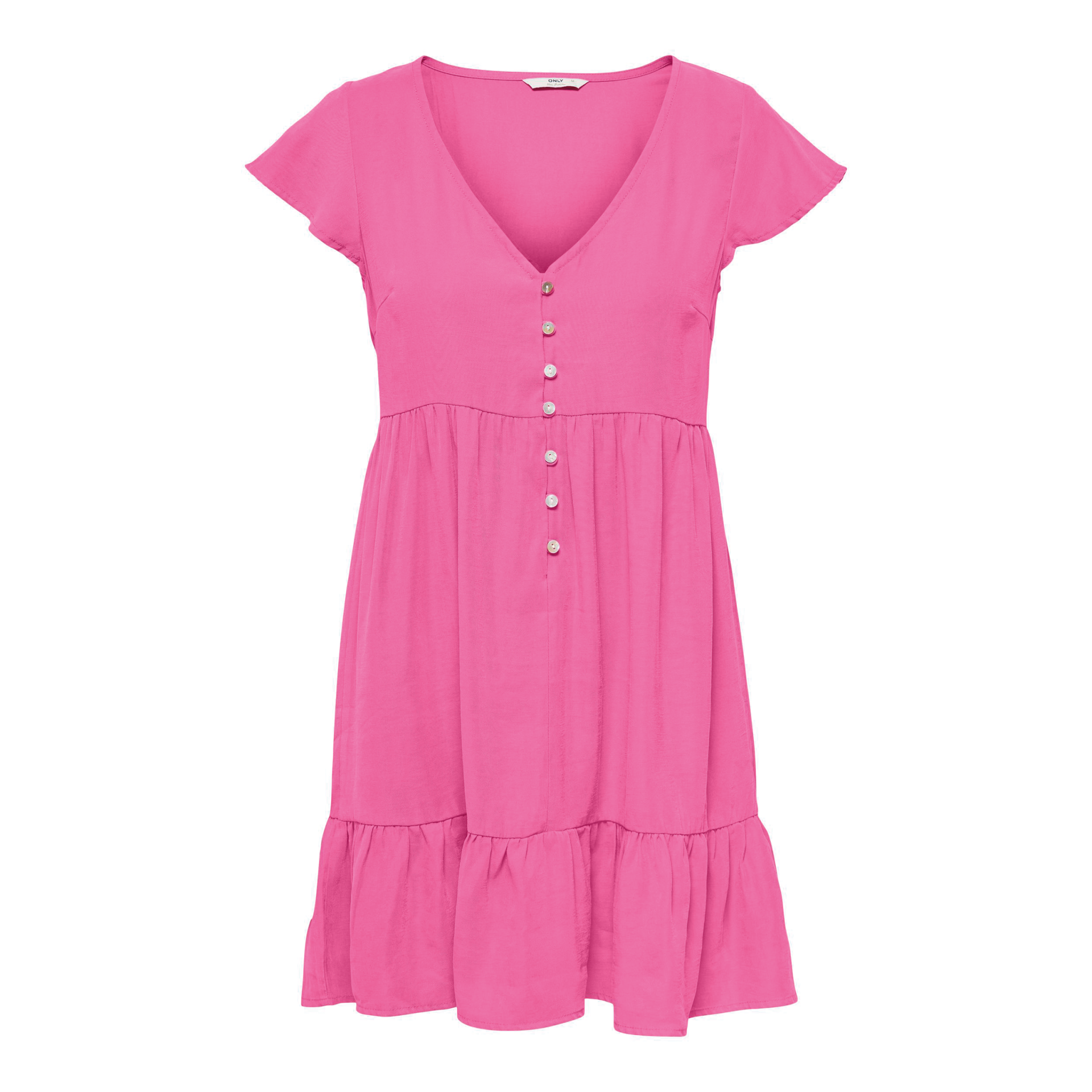 Vestido rosa com botões decorativos e saia com babado