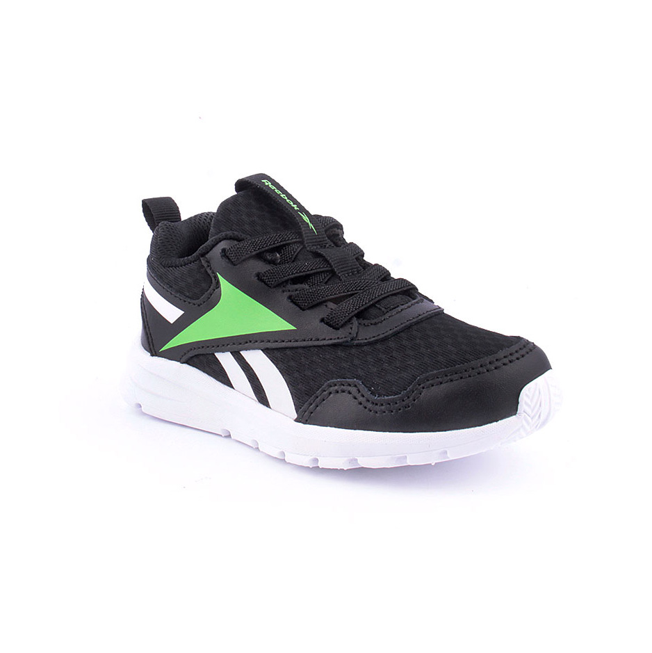 Tênis desportivo preto com detalhes verde e branco, sola branca