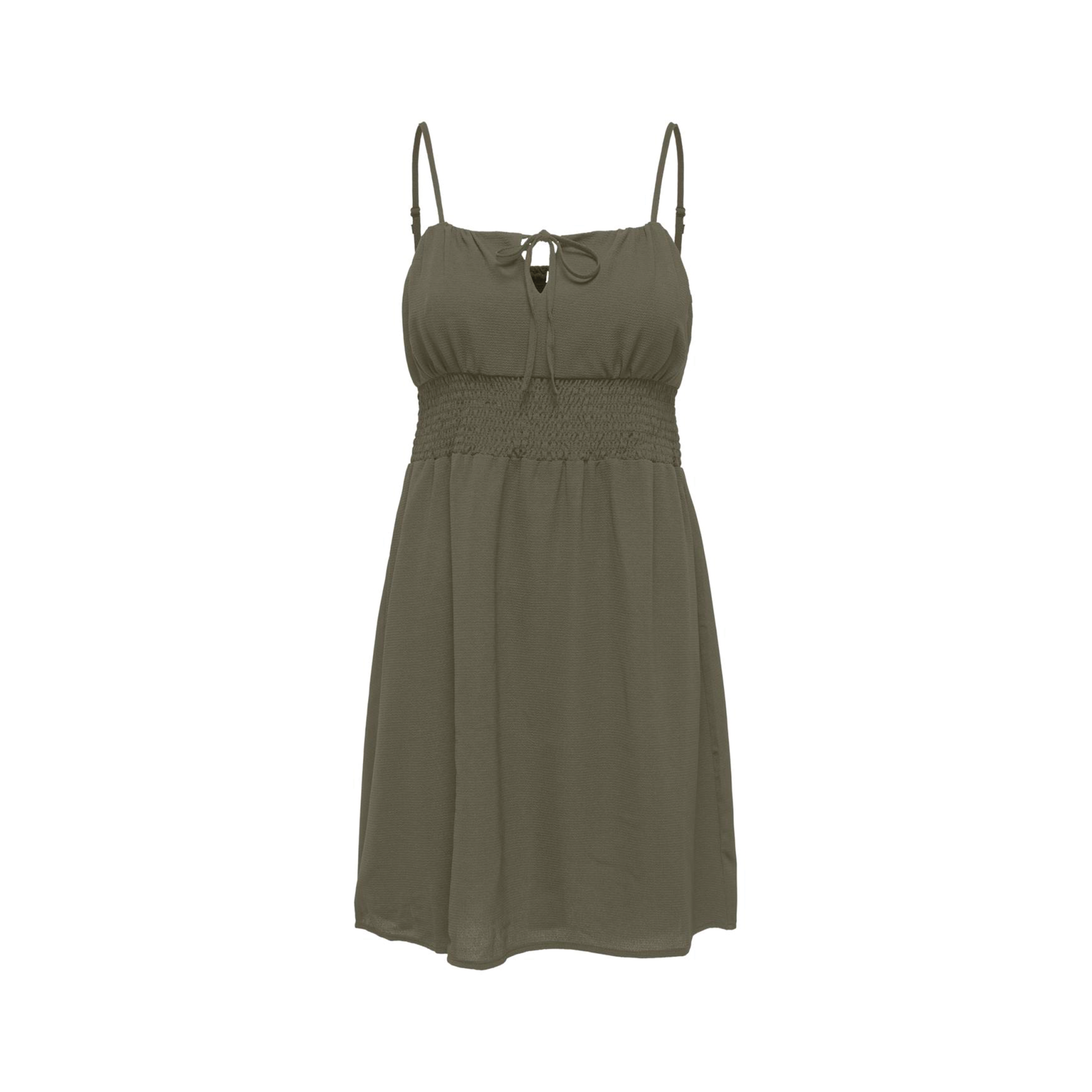Vestido curto verde-oliva com alças finas e laço no decote