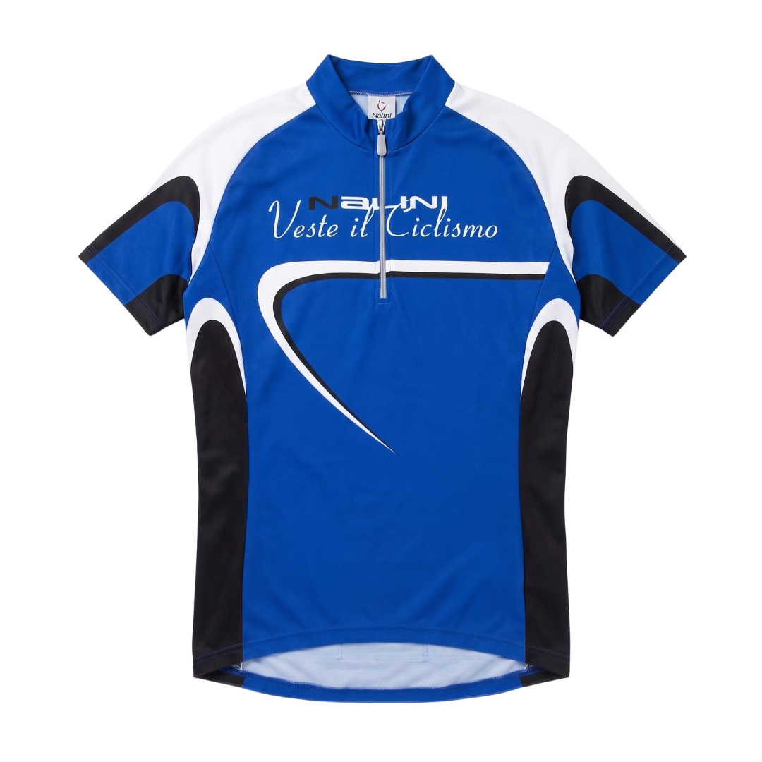 Camisola de ciclismo azul, preto e branco com fecho e texto NALINI