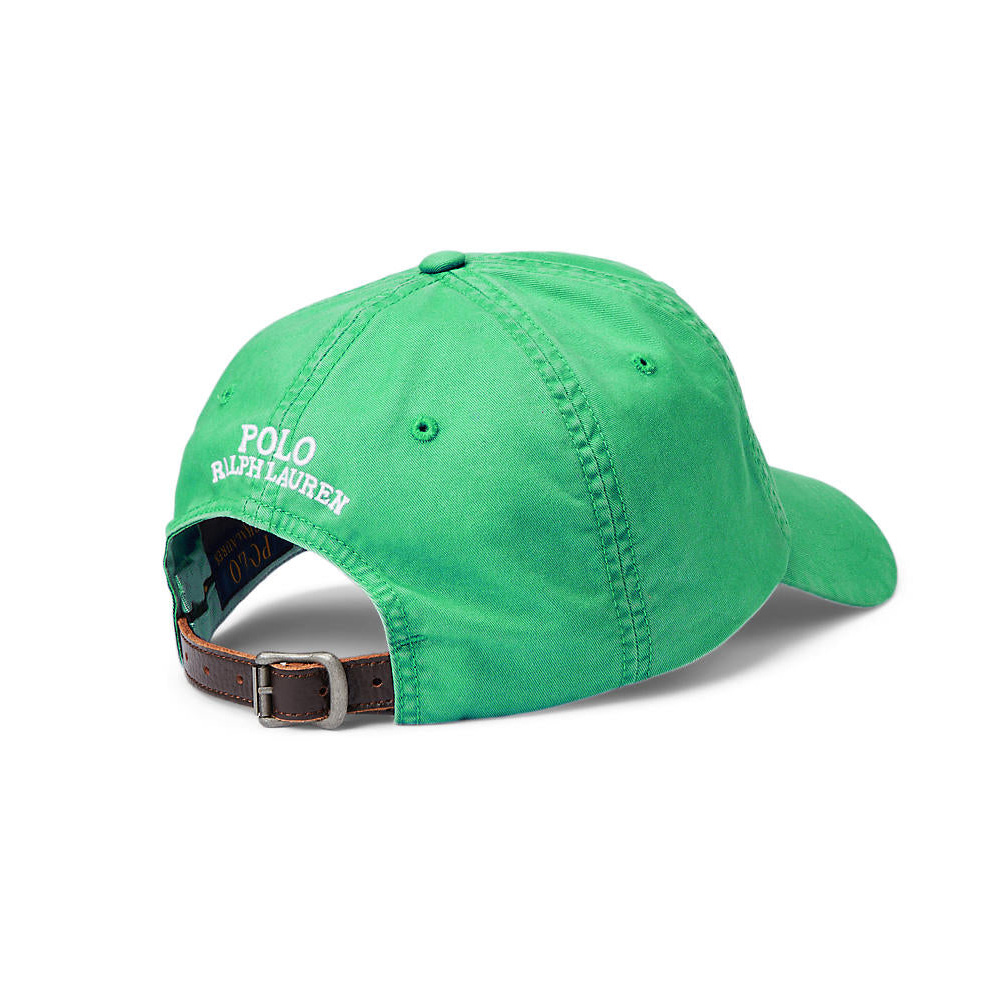 Boné verde Polo Ralph Lauren com bordado branco e fecho em couro castanho