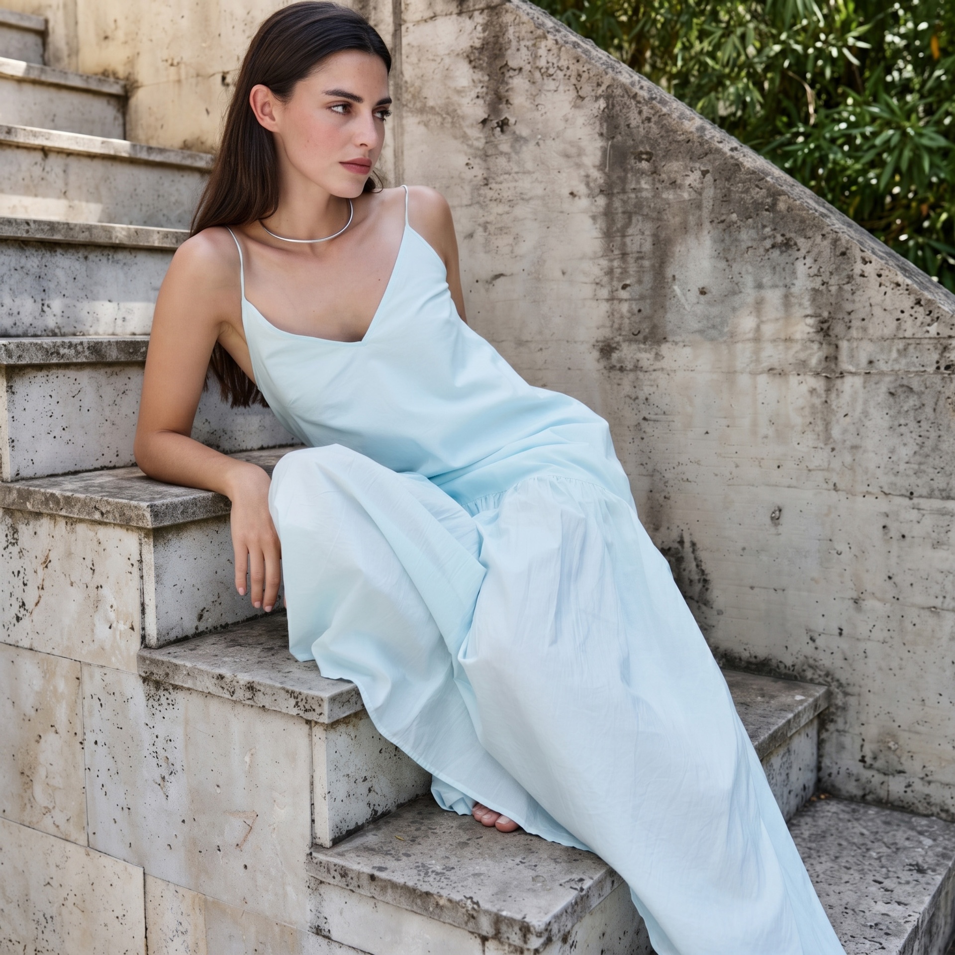 Mulher com vestido azul claro e alças finas sentada em escadas de pedra